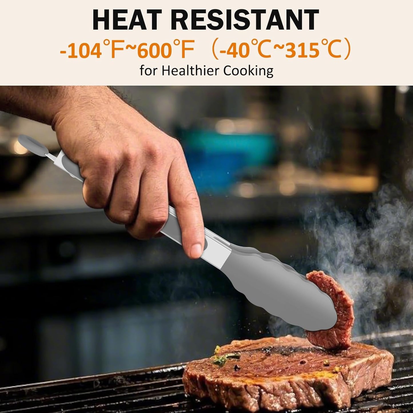 Kitchen Tongs, Set of 3 Stainless Steel Tongs with Silicone Tips Locking Cooking Tongs 600ºF Heat Resistant Tong for Cooking BBQ Grilling Air Fryer Serving Food Salads, 7"+9"+12" Light Grey