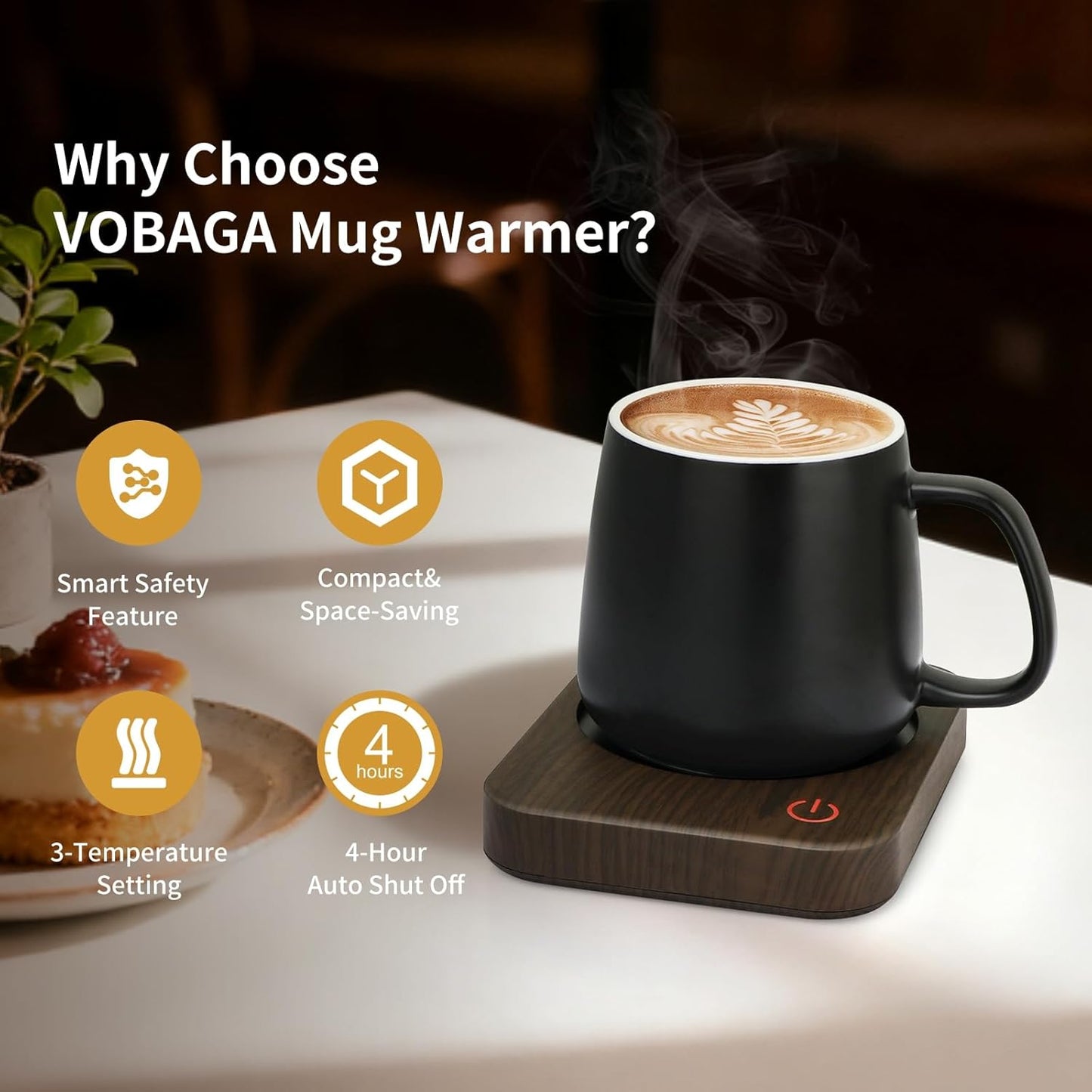 VOBAGA Coffee Mug Warmer for Desk with Auto Shut Off & 3-Temp Settings, Coffee Cup Warmer with Smart Safety Alert Home Office Accessory, Perfect for Coffee, Tea, Milk (Wood)