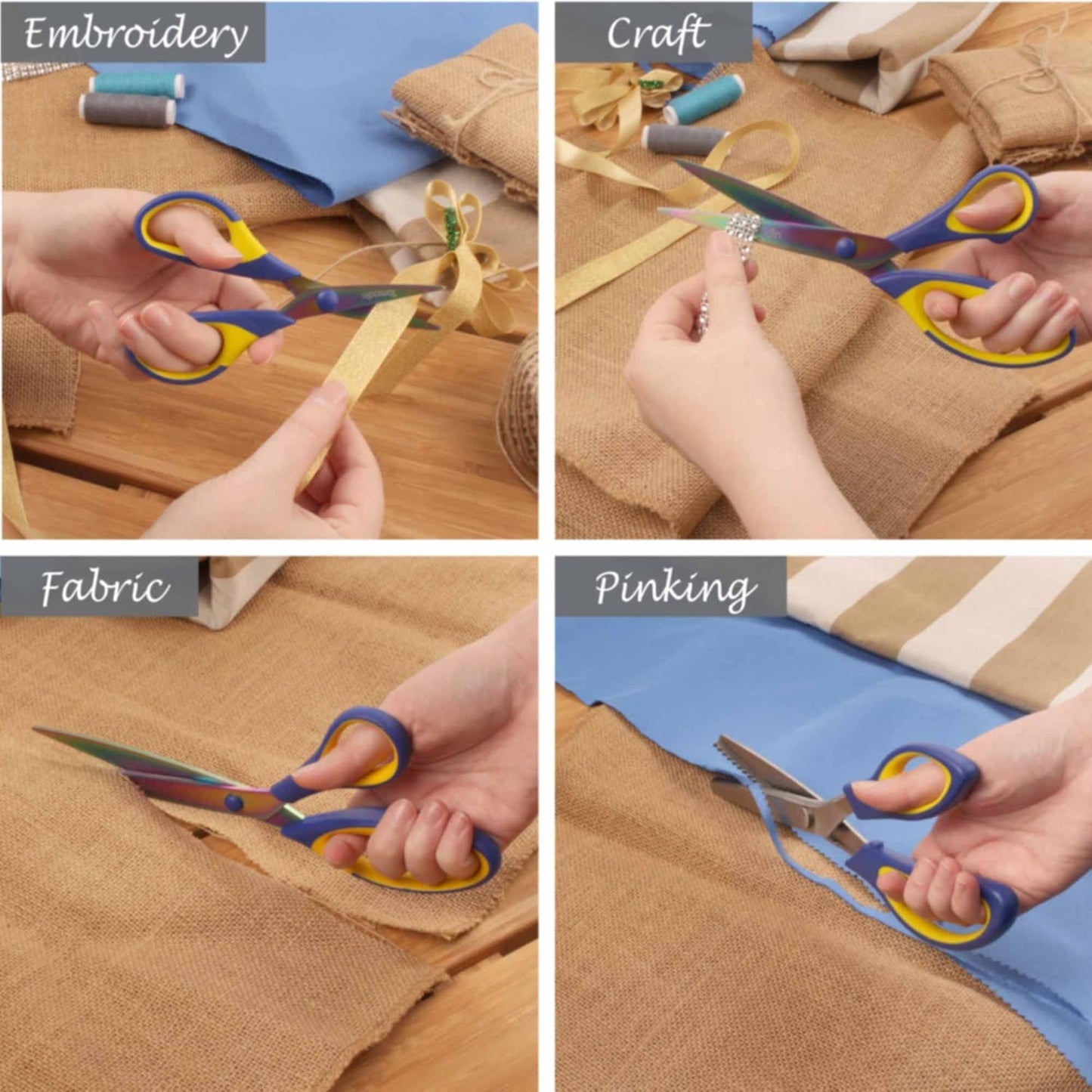 BambooMN Titanium Softgrip Scissors Set - Pinking, Sewing, Arts, Crafts, Office - 30 Sets of 4 - Blue w/Yellow