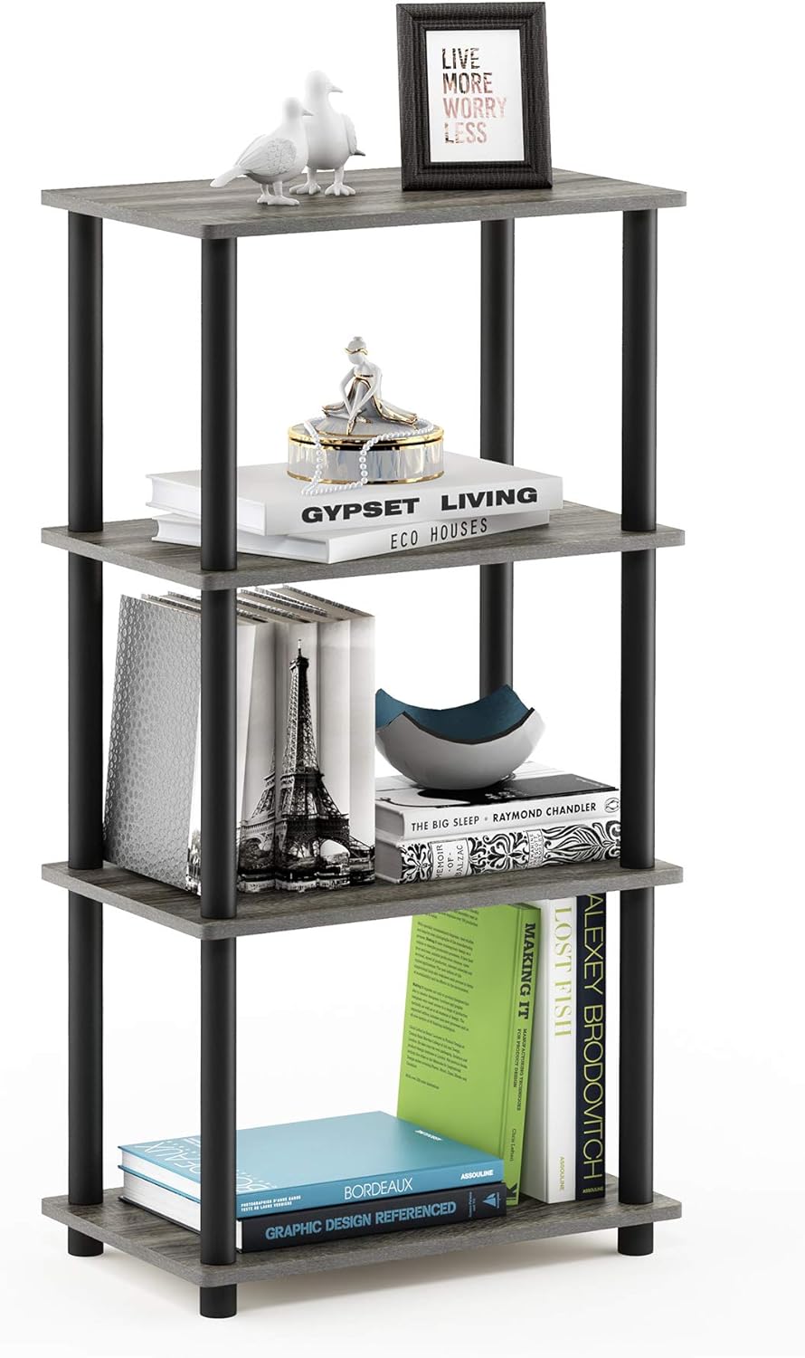 Furinno Turn-N-Tube No Tool 4-Tier Storage Shelf, Narrow, French Oak Grey/Black