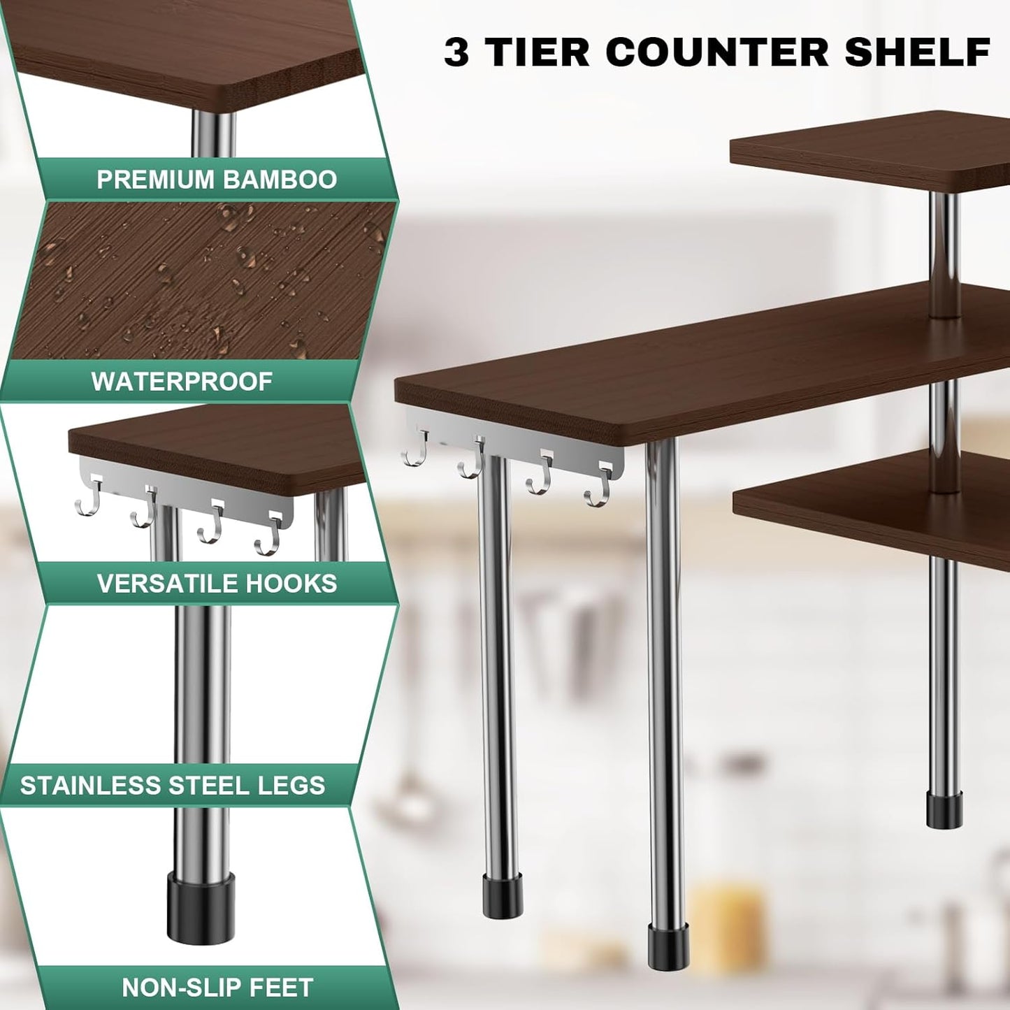 ZHWS Bathroom Counter Organizer for MakeUps, Dresser Table, Kitchen Countertop Organizer Adjustable 3 Tier Corner Shelf with 4 Metal Hooks for Coffee Bar, Spice Rack, Over Sink