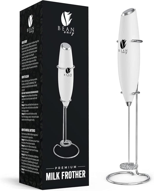 Bean Envy Milk Frother, Coffee Stirrers, Frother Wand, Milk Frother Handheld, Frother with stand, Hand Blender for Coffee, Lattes, Cappuccino, Matcha and Hot Chocolate – Kitchen Gifts - White