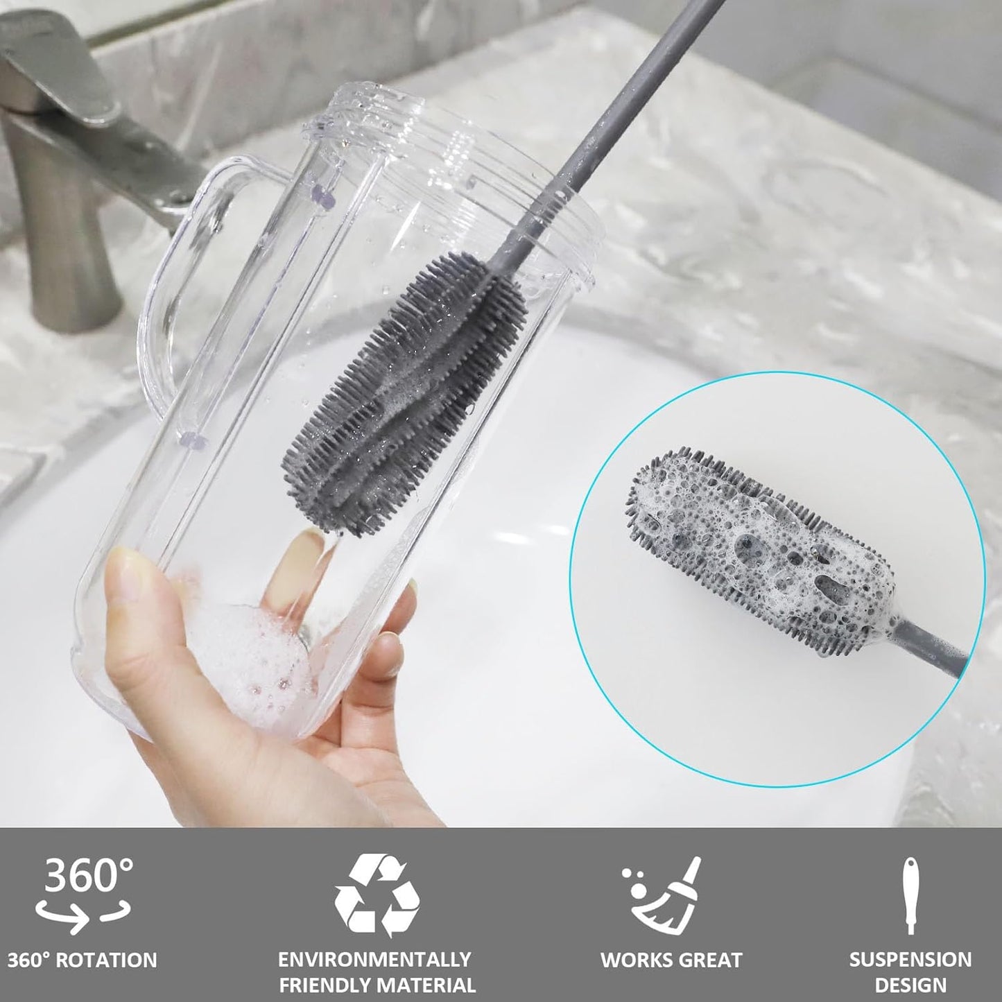 15.7" Silicone Bottle Brush, ddLUCK Water Bottle Cleaner Brush for Stanley, Hydroflasks, Glass, Thermos Sports Bottle, Vase and Glassware, Bottle Brush Cleaner for Small Narrow Neck Containers (Gray)