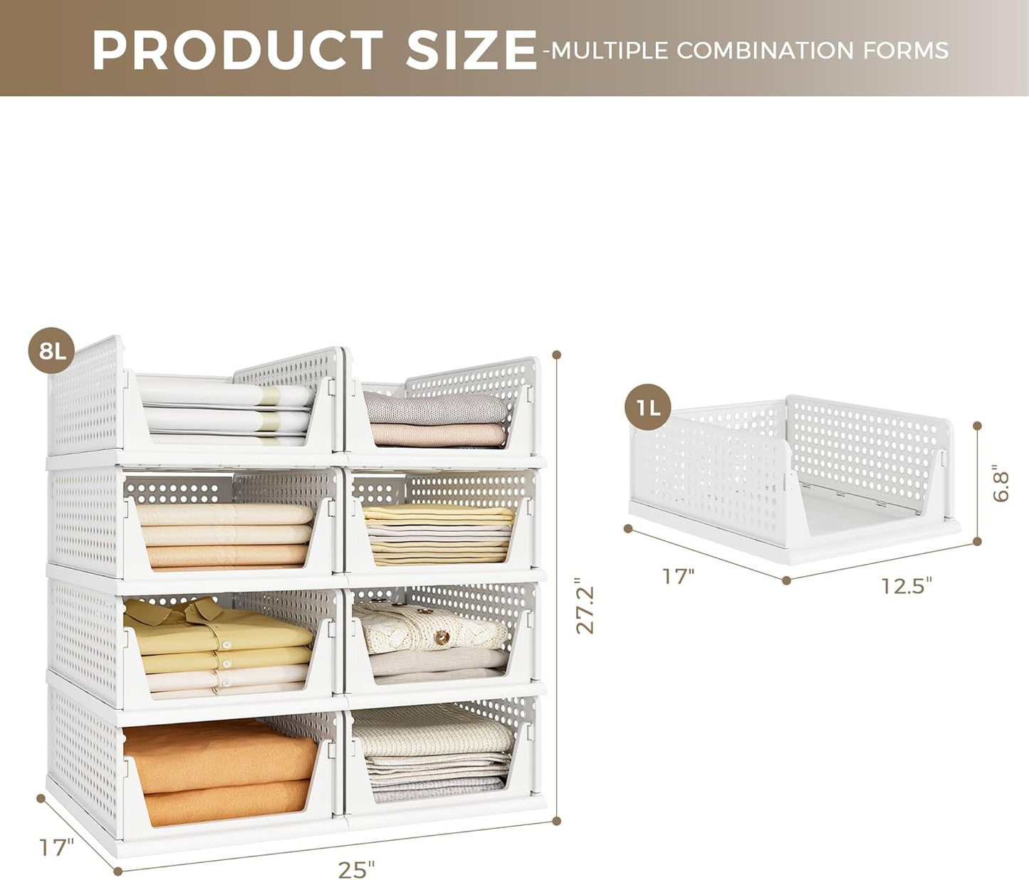 Pinkpum 8 Pack Closet Organizers and Storage Plastic Stackable Storage Bins, Foldable Drawer Shelf Storage Container for Wardrobe Kitchen Bathroom Dorm White