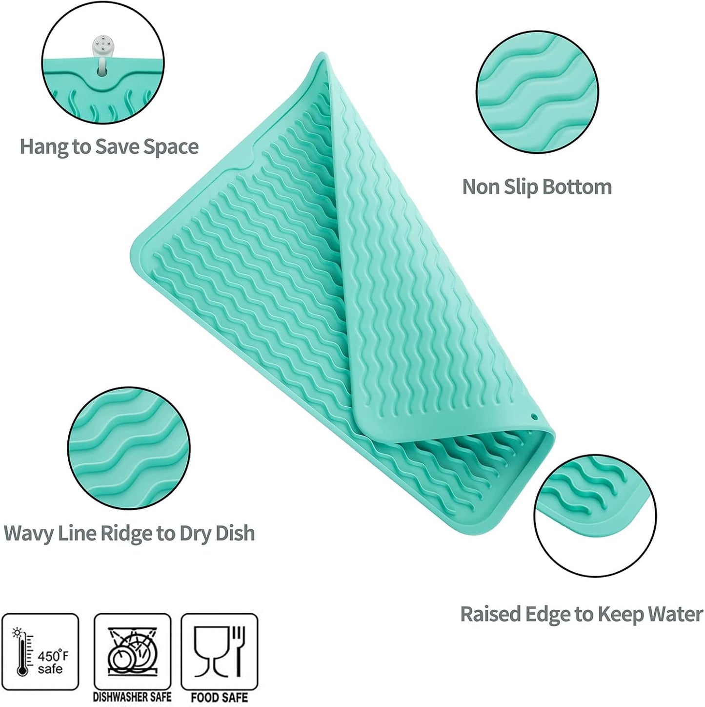 Silicone Dish Drying Mat for Multiple Usage,Easy clean,Eco-friendly,Heat-resistant Silicone Mat for Kitchen Counter or Sink,Refrigerator or drawer liner Mint L 16 inches x 12 inches