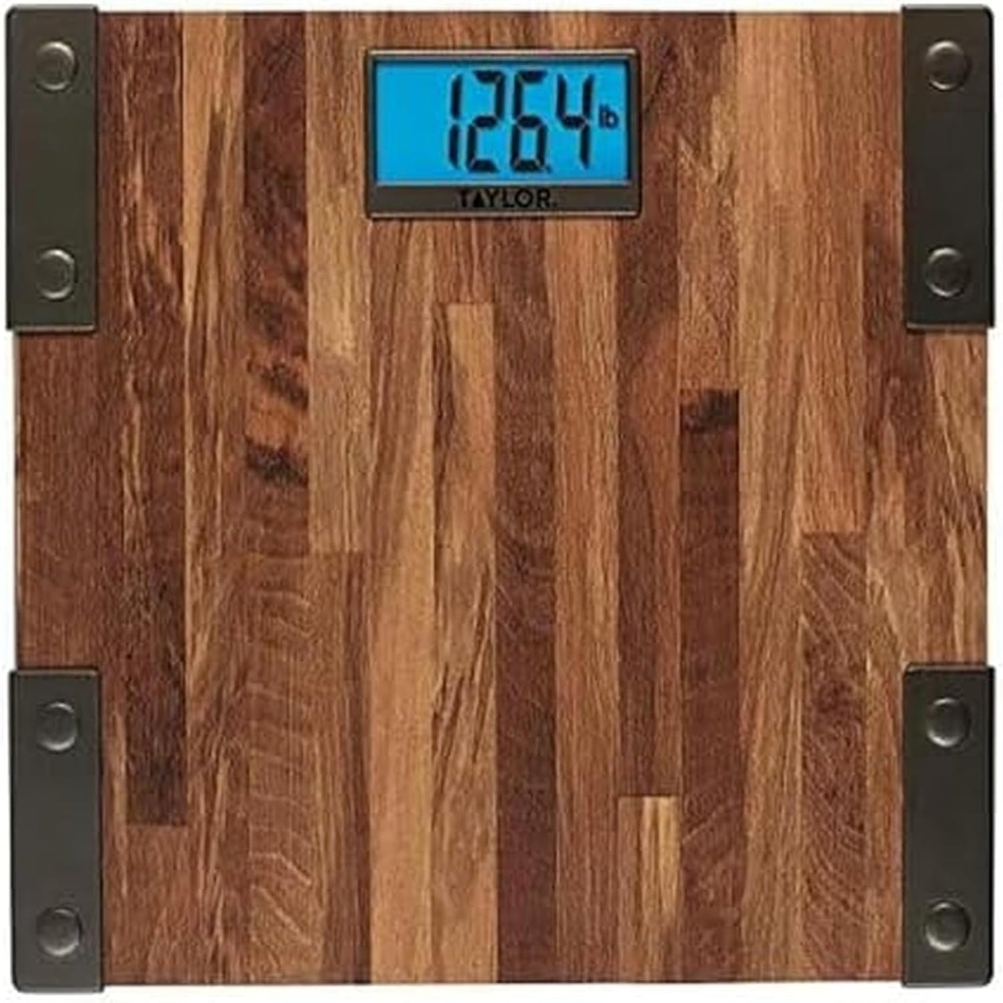 Taylor Digital Scales for Body Weight, Extra High Accurate 440 LB Capacity, Unique Blue LCD, Farmhouse Look, Auto On and OffScale, 12.4 x 12.4 Inches, Brown