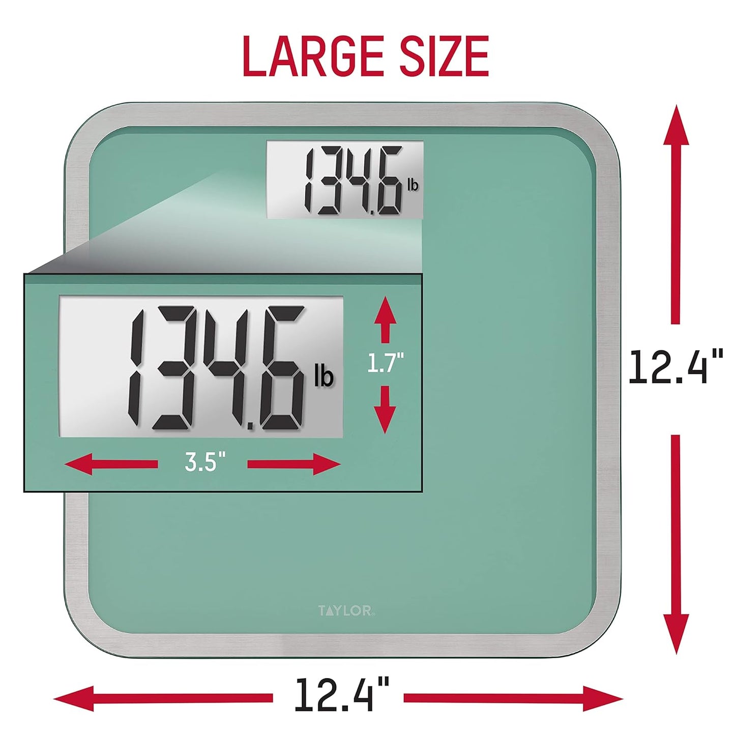 Taylor Digital Glass Bathroom Scale for Body Weight, Large Durable Platform, Extra High 500 lb Capacity, Large 3.5"x1.7" White Backlit Display, Sea Foam Green
