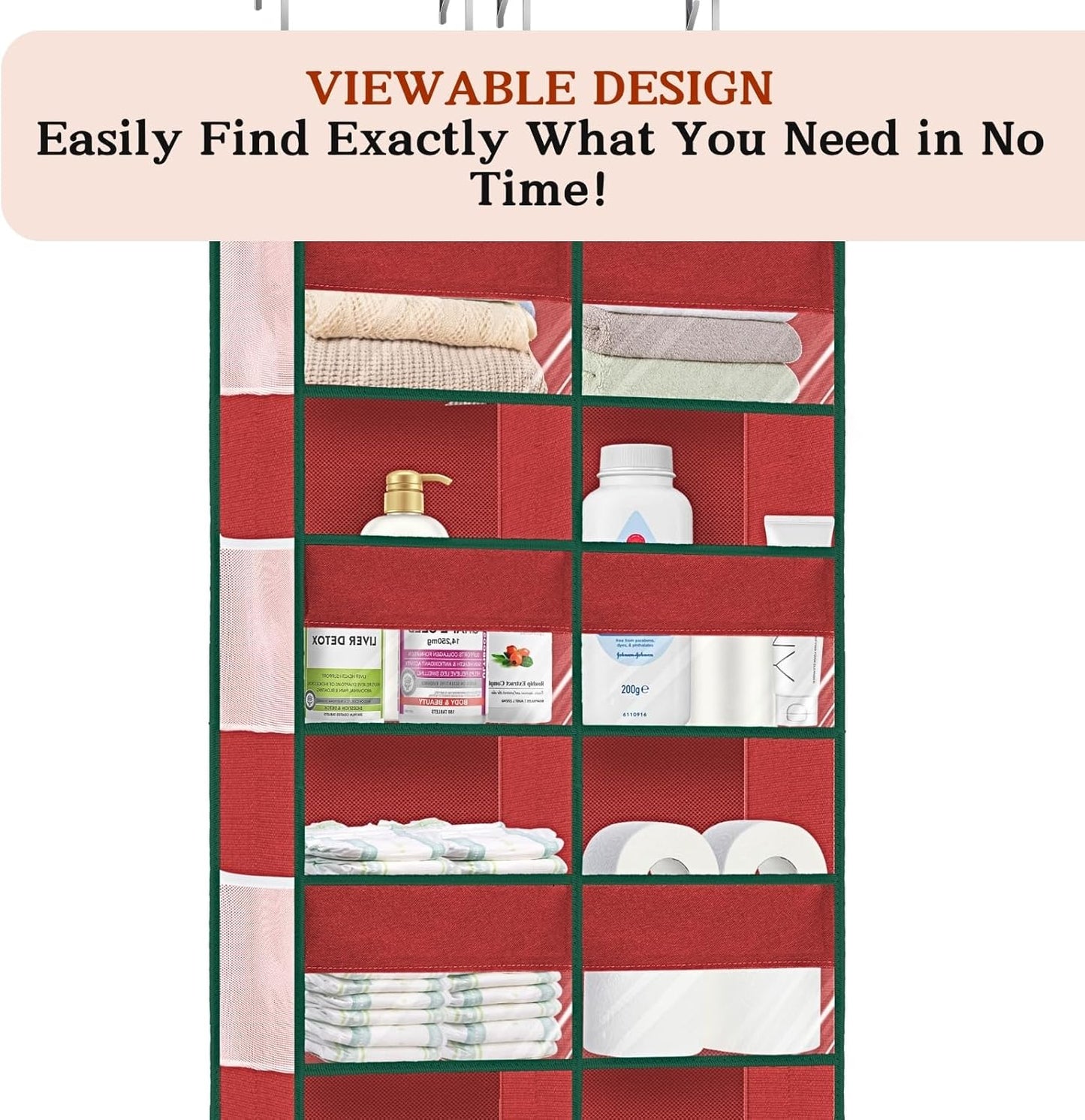 Christmas Over The Door Organizer 5 Tiers, Extra Large Behind Door Storage of 10 Compartments, 80 lbs Weight Capacity Hanging Storage Organizer with Clear Window Kids Toys, Shoes, Diapers, Red
