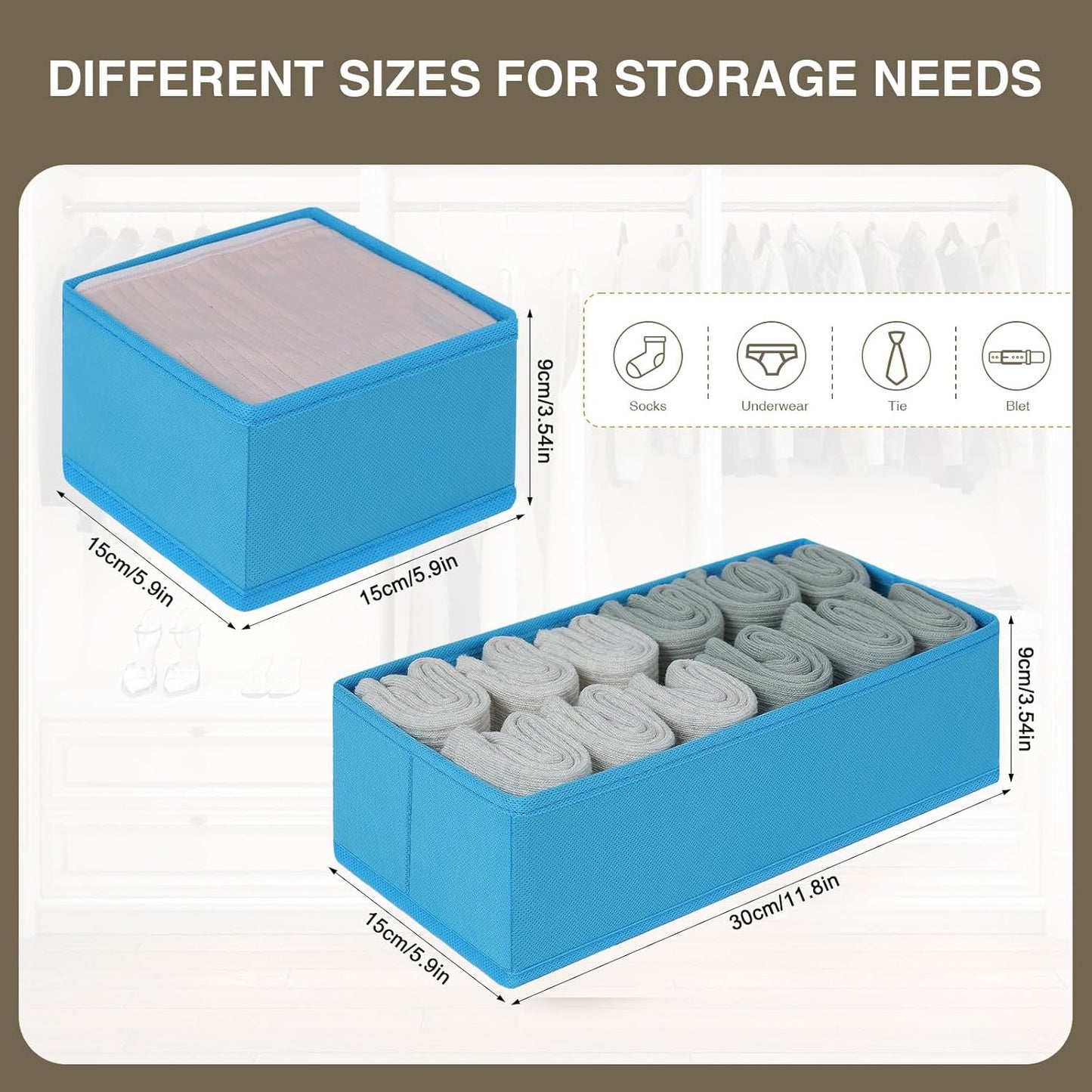 DIMJ Drawer Organizers - Set of 4 Fabric Closet Organizers and Storage, Drawer Dividers for Baby Clothes, Socks, Belt, Tie (Blue)