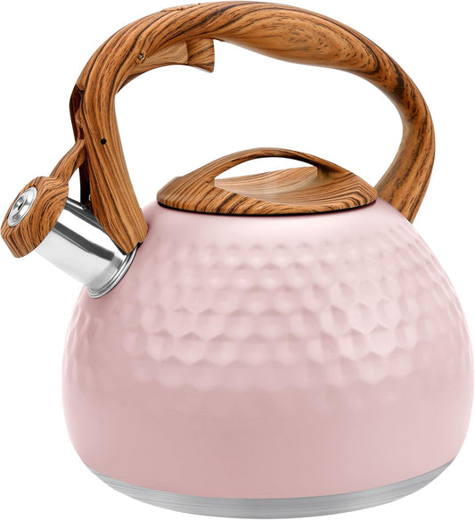 GGC Tea Kettle for Stove Top, Loud Whistling Kettle for Boiling Water Coffee or Milk, 3.1 Quart 3L Heavy Stainless Steel Pink Kettles with Wood Pattern Handle, Unique Button Control Kettle Outle