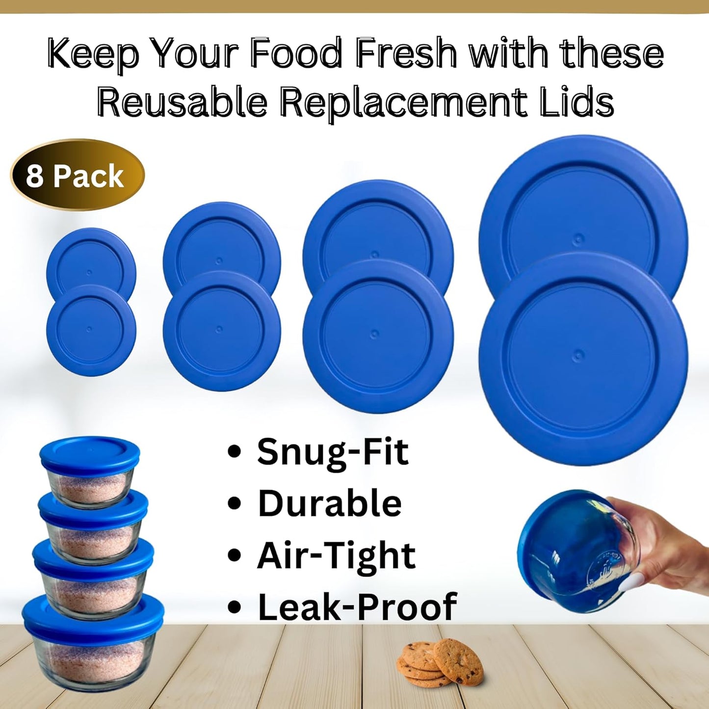 1, 2, 4 & 7 Cup Blue Replacement Lids/Covers for Pyrex, Anchor Hocking & KlareWare Storage Bowls *Lids Only Glass Container Not Included* (8 Pack *Two of Each Size*)