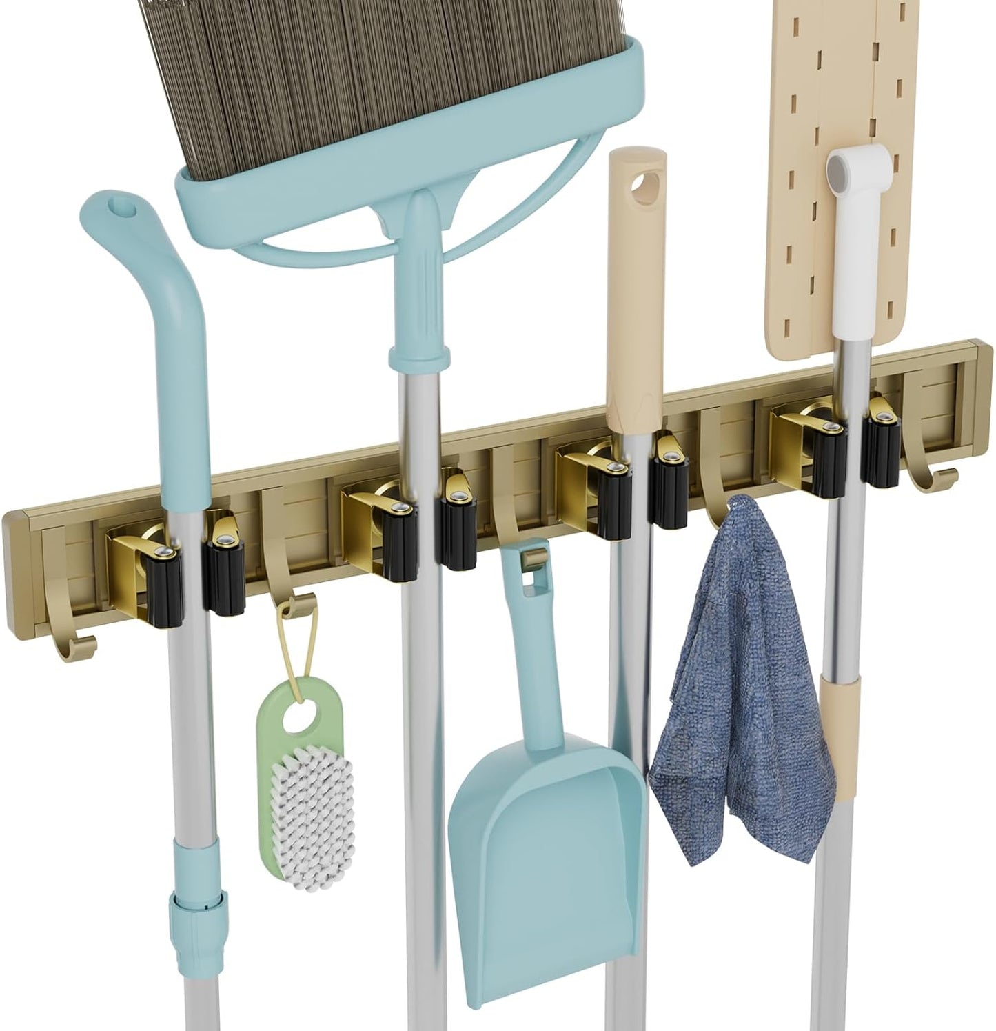 reliahom Broom Holder Wall Mount Mop and Broom Hanger Wall Mounted Garage Storage Rack Kitchen Garden Tool Organizer (4 Racks with 5 Hooks, Bronze)