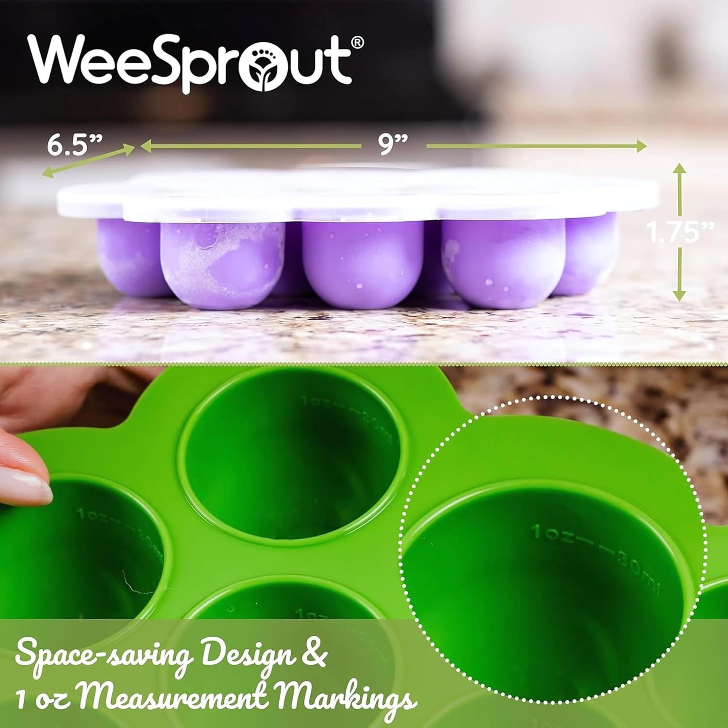 WeeSprout Silicone Baby Food Freezer Tray with Clip-on Lid - Perfect Storage Container for Homemade Baby Food, Vegetable & Fruit Purees, and Breast Milk