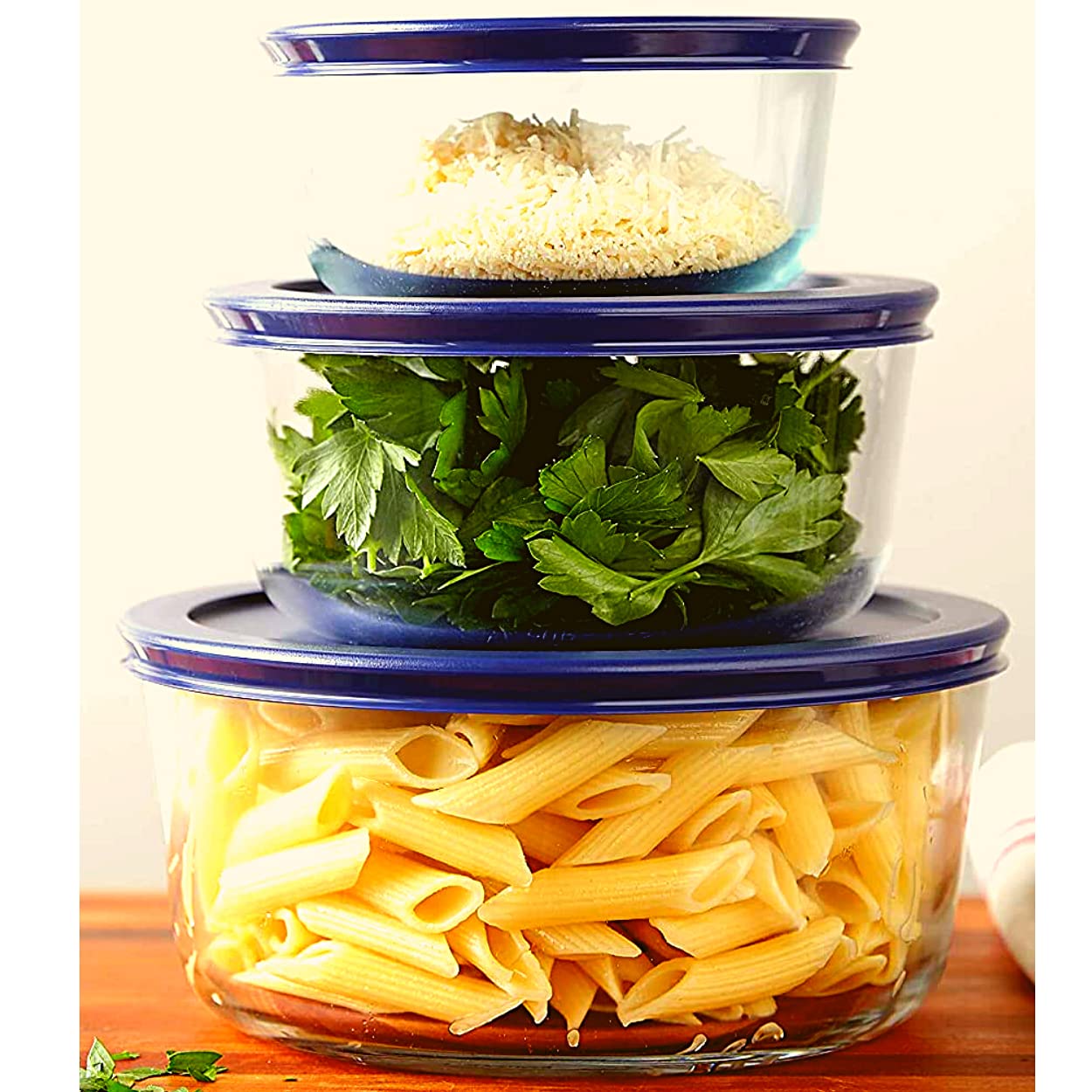 Wood Grip Lids for Pyrex and Anchor Round Glass Containers Works for 6/7 Cups - 6-Cups, Blue-4 Pack