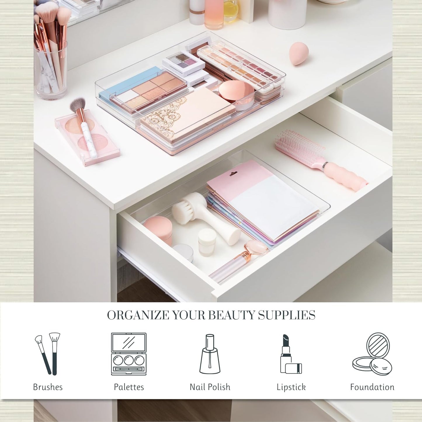 STORi SimpleSort 2-Piece Stackable Clear Drawer Organizer Set | 15" x 6" x 2" Rectangle Trays | Wide Makeup Vanity Storage Bins and Office Desk Drawer Dividers | Made in USA