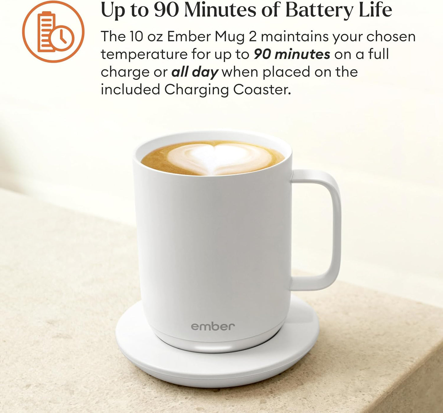 Ember Temperature Control Smart Mug 2, 10 Oz, App-Controlled Heated Coffee Mug with 80 Min Battery Life and Improved Design, White