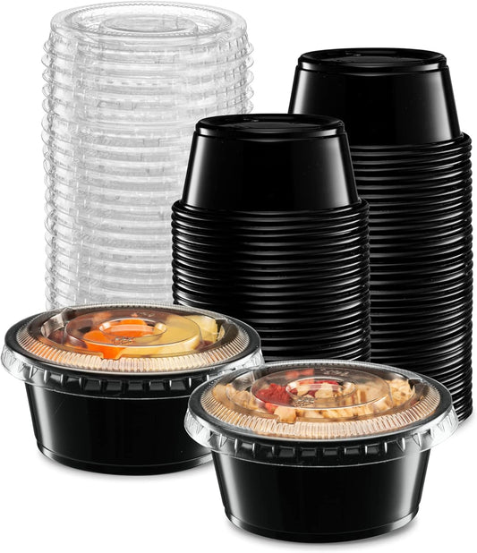 {3.25 oz - 100 Sets} Black Diposable Plastic Portion Cups With Lids, Small Mini Containers For Portion Controll, Jello Shots, Meal Prep, Sauce Cups, Slime, Condiments, Medicine, Dressings, Crafts,