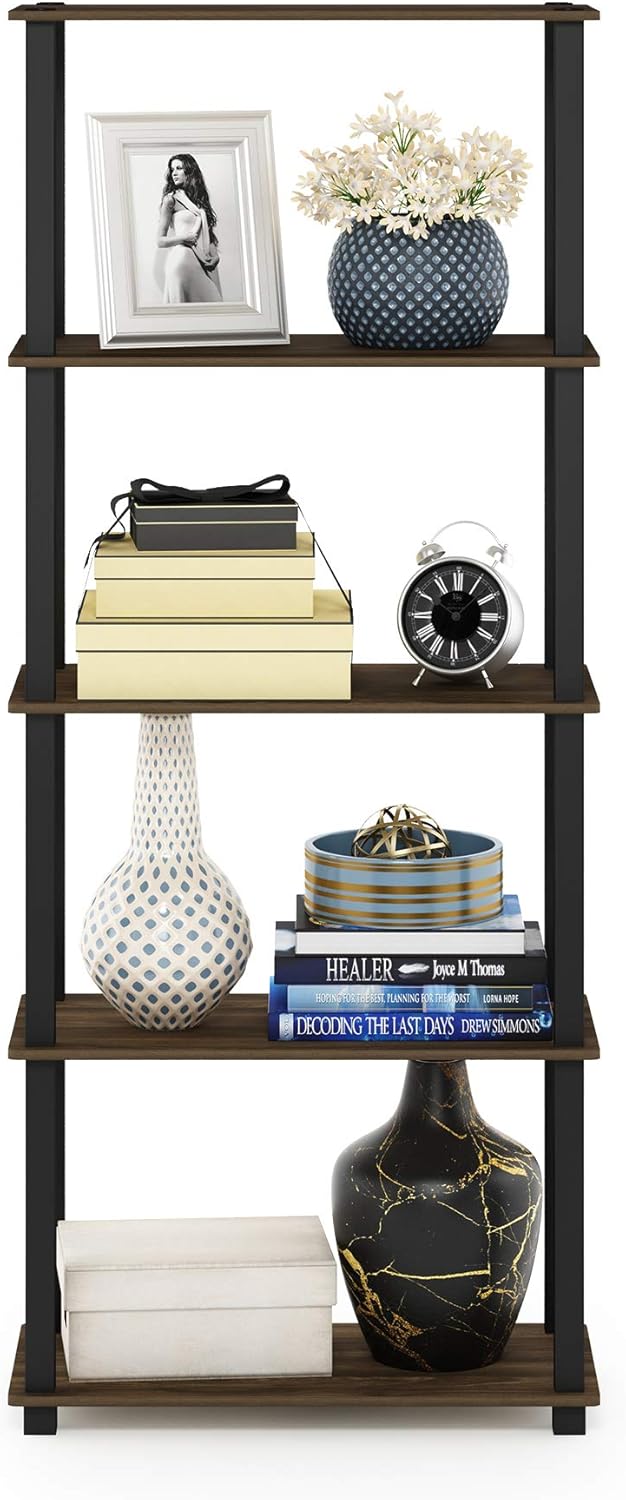 Furinno Turn-N-Tube 5-Tier Multipurpose Shelf / Display Rack / Storage Shelf / Bookshelf, Square Tubes, Columbia Walnut/Black