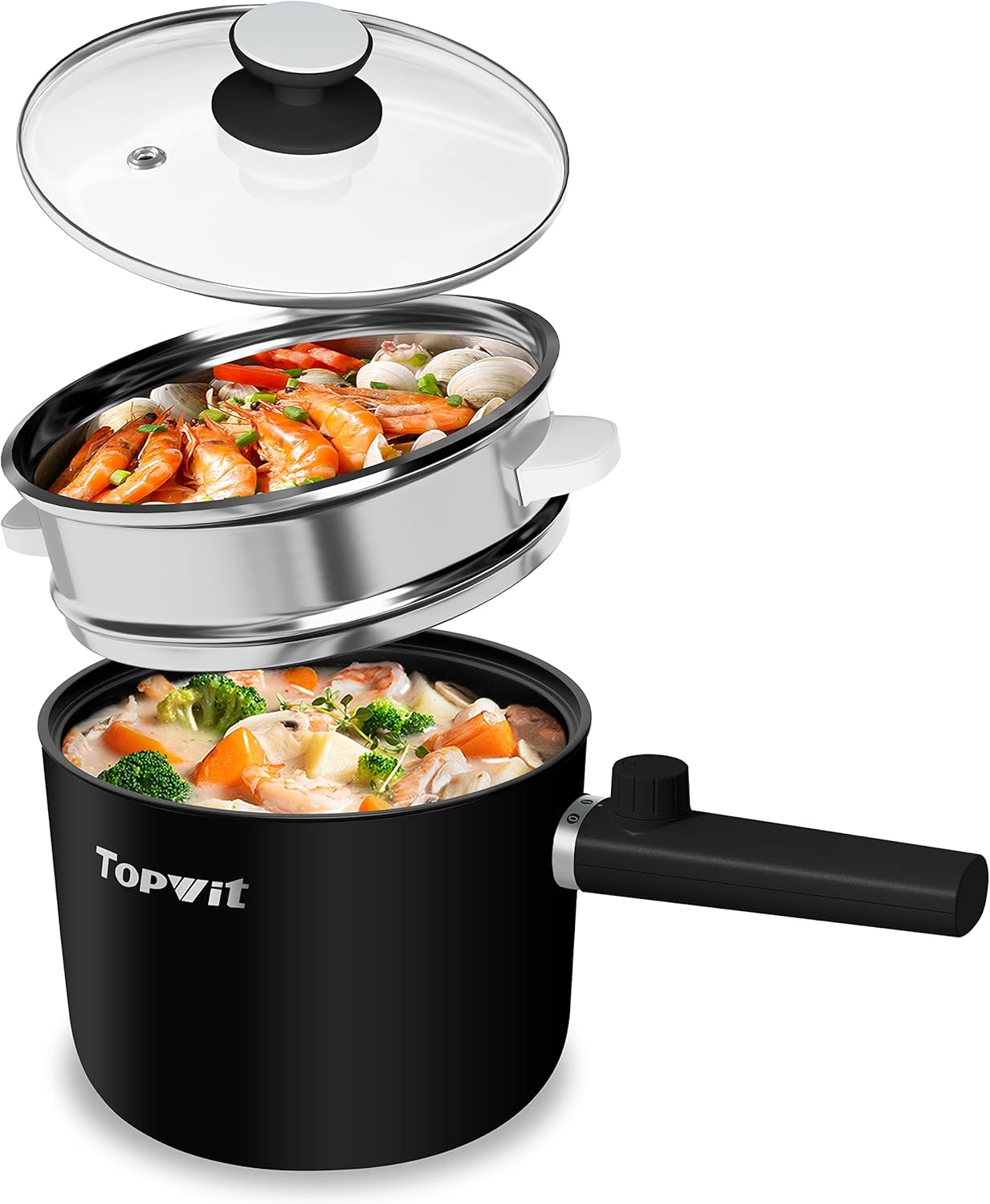 Topwit Hot Pot Electric with Steamer, 1.5L Ramen Cooker, Non-Stick Frying Pan, Electric Pot for Pasta, BPA Free, Electric Cooker with Dual Power Control, Over-Heating & Boil Dry Protection, Black