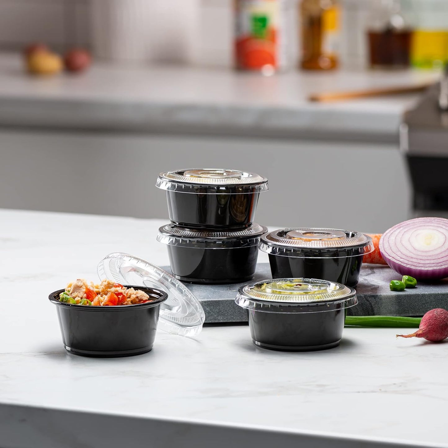 {3.25 oz - 100 Sets} Black Diposable Plastic Portion Cups With Lids, Small Mini Containers For Portion Controll, Jello Shots, Meal Prep, Sauce Cups, Slime, Condiments, Medicine, Dressings, Crafts,