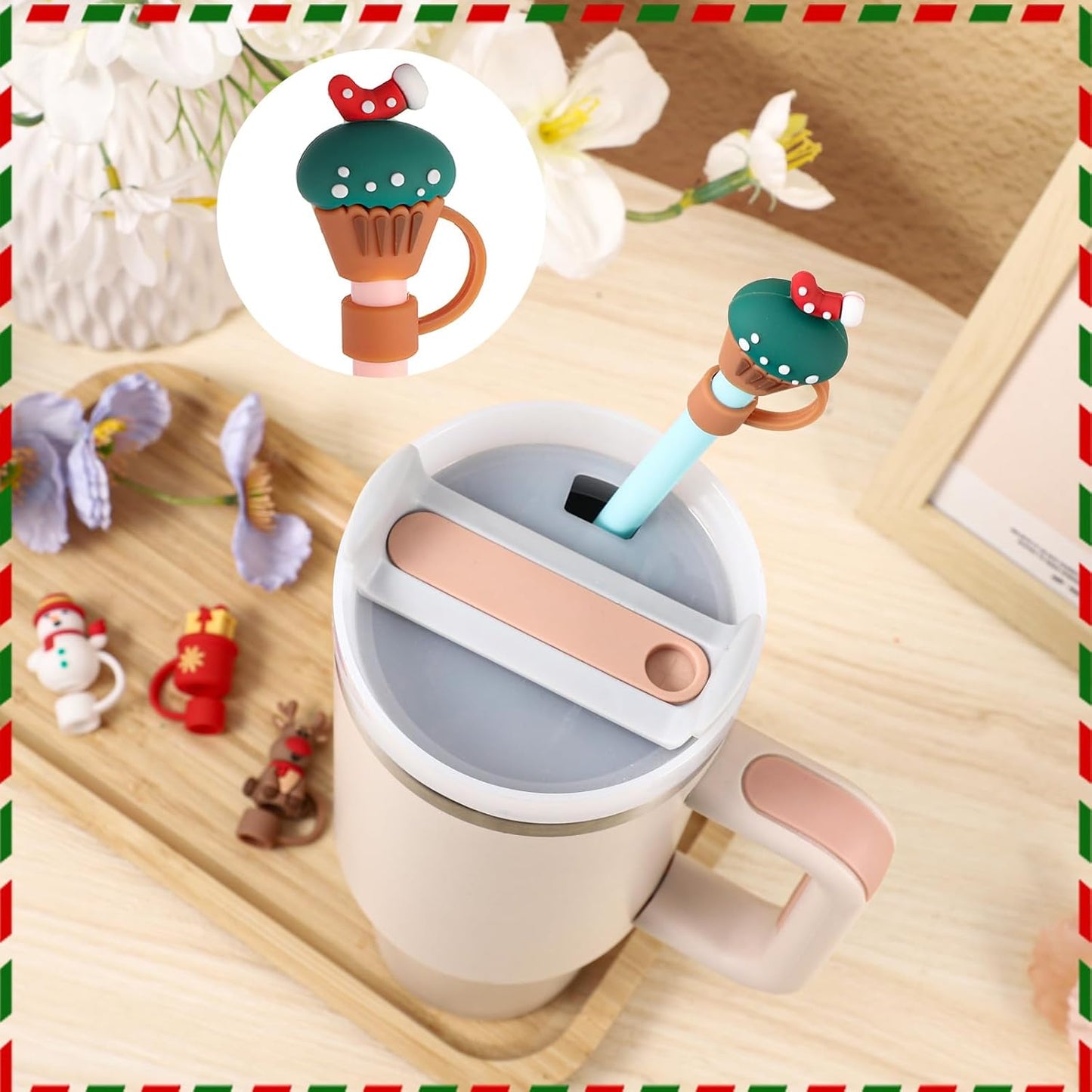 8 PCS Christmas Straw Topper, Straws Cover for Stanley 30&40 Oz Tumbler, Cute Christmas Straws Caps in Various Shapes, Drinking Straw Tip Covers for 0.4 Inch/10 mm Straw