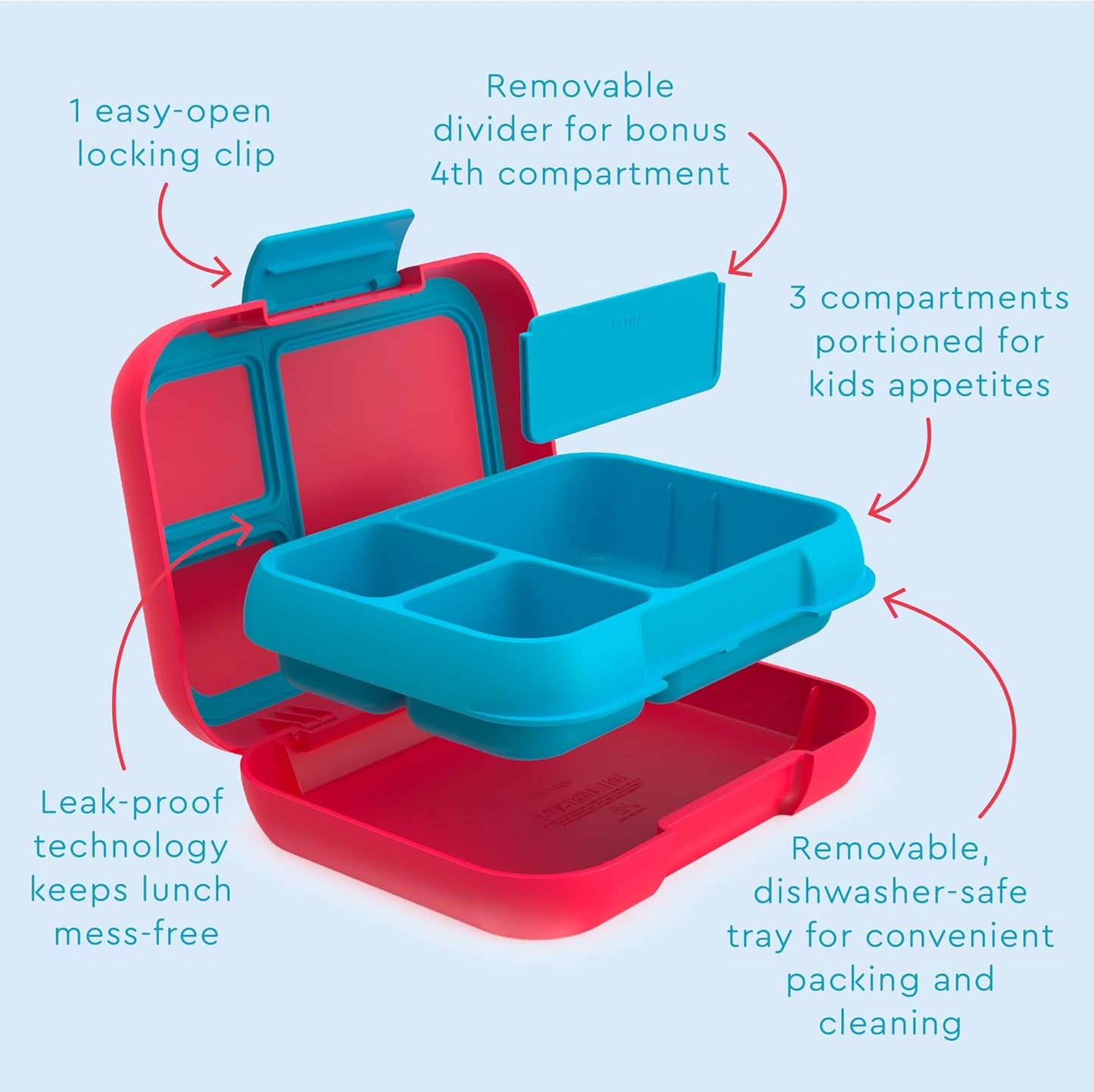 Bentgo Pop - Leak-Proof Lunch Box & Removable Divider for Ages 8+ & Teens - Lunch Container Holds 5 Cups of Food; 3-4 Compartments; Microwave/Dishwasher Safe; 2 Year Warranty (Flame Red/Turquoise)