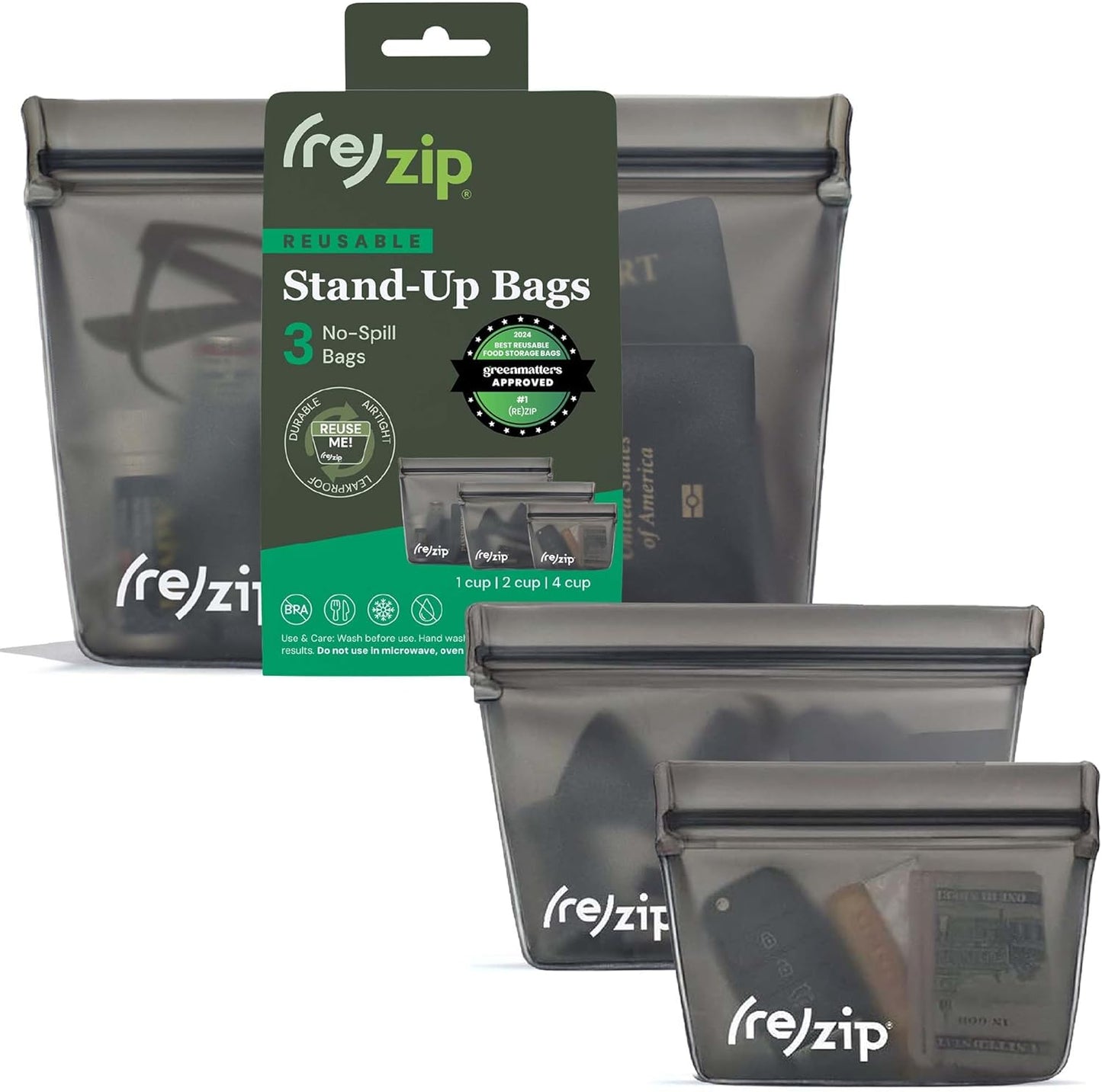 (re) zip 3-Piece Stand-Up Reusable Bag Kit | BPA-Free, Food Grade, Leakproof, Travel Friendly, Freezer and Dishwasher Safe | Quart (1), 2-Cup (1), Snack Size (1) | Solid Gray