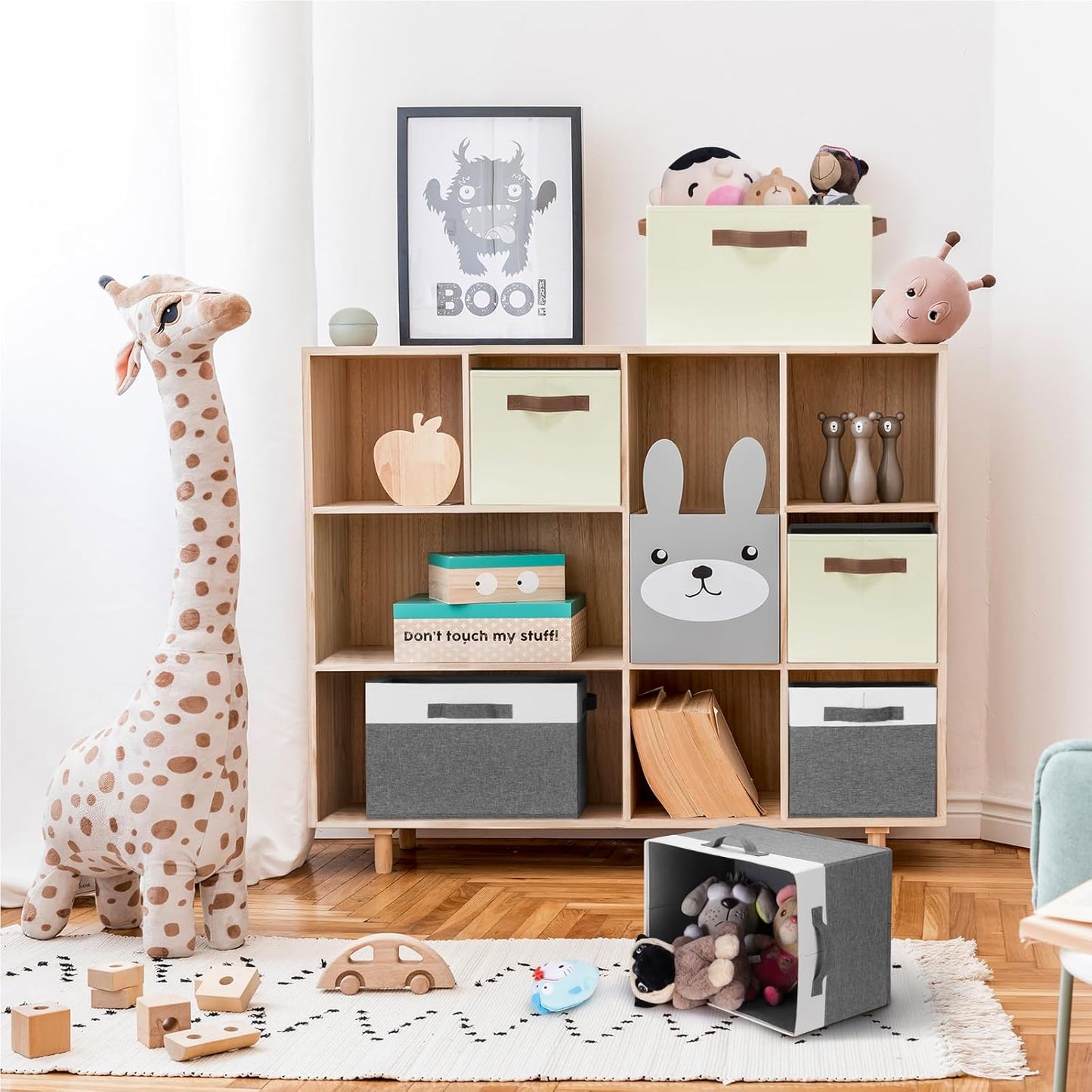 GhvyenntteS Large Fabric Storage Bins with 3 Handles, 15x11x9.6 Inch Storage Baskets for Shelves, Foldable Closet Storage Bins for Shelves, Closet Organizers and Storage Boxes, Beige