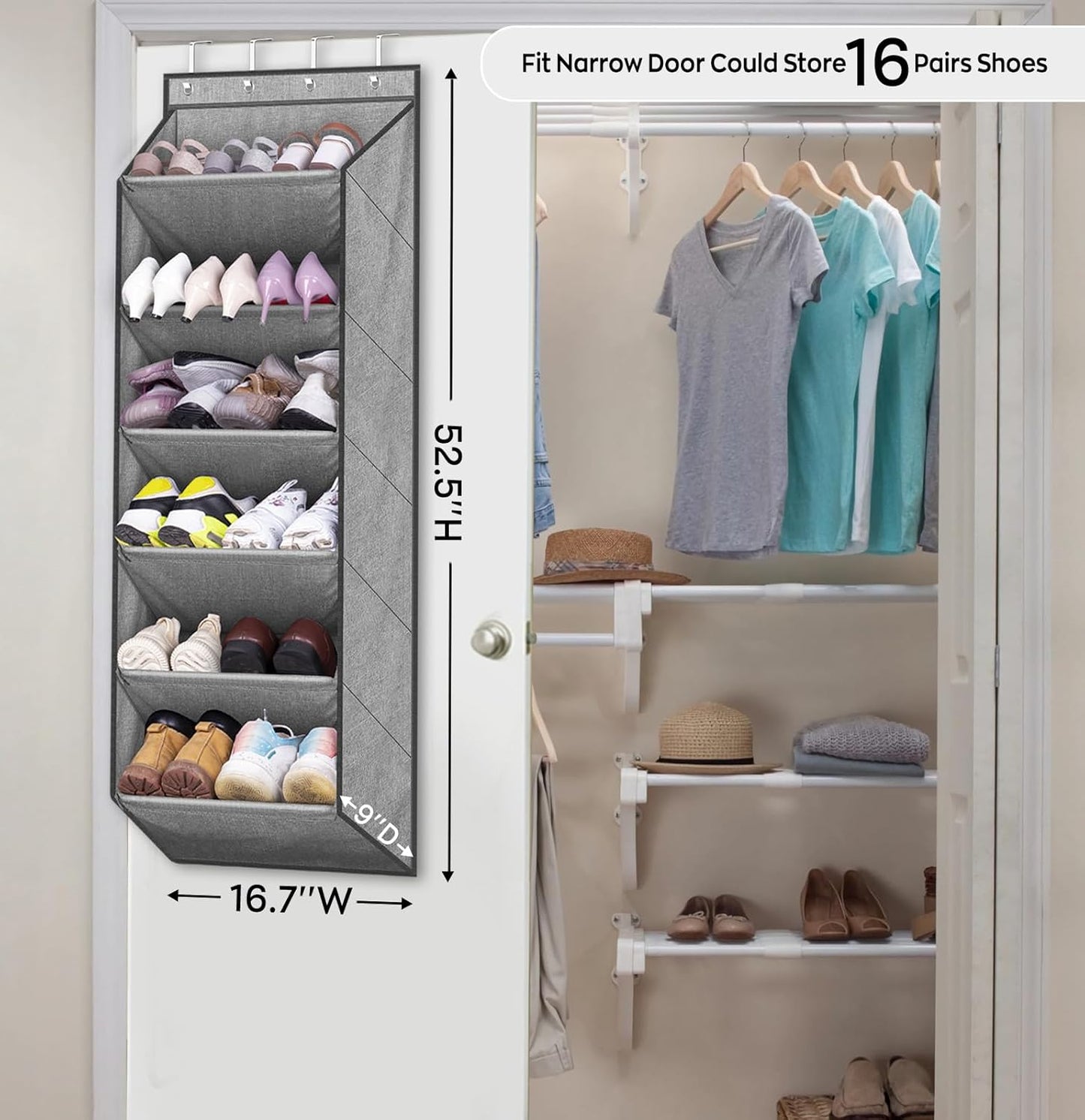 SLEEPING LAMB Shoe Rack for Door with Large Deep Pocket, Over The Door Shoe Organizer for Closet, Dorm and Narrow Hanging Sneaker Storage Holder, Grey