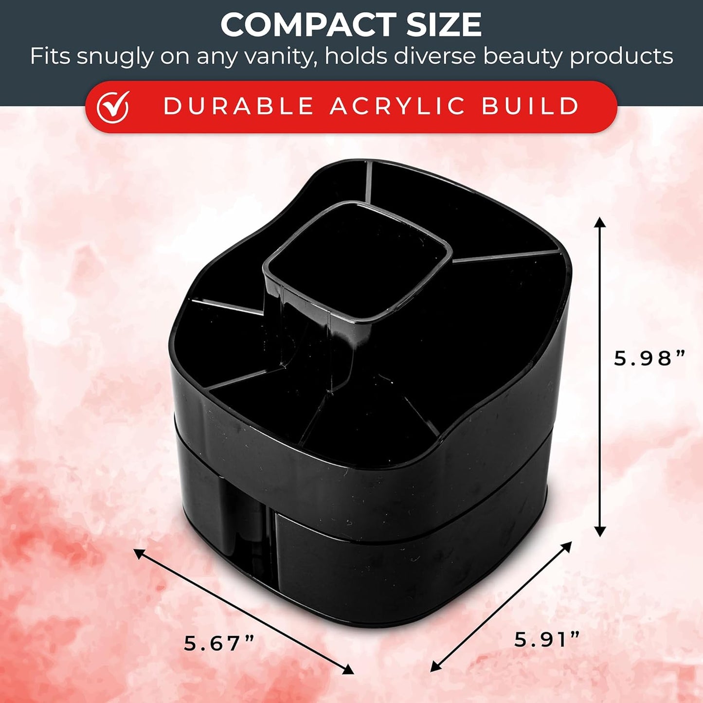 Masirs Small Rotating Makeup Organizer - Mini Yet Spacious Cosmetic Storage Solution with Multiple Compartments - The Perfect Spinning Make-Up Caddy for Vanity or Bathroom Counter (Square - Black)