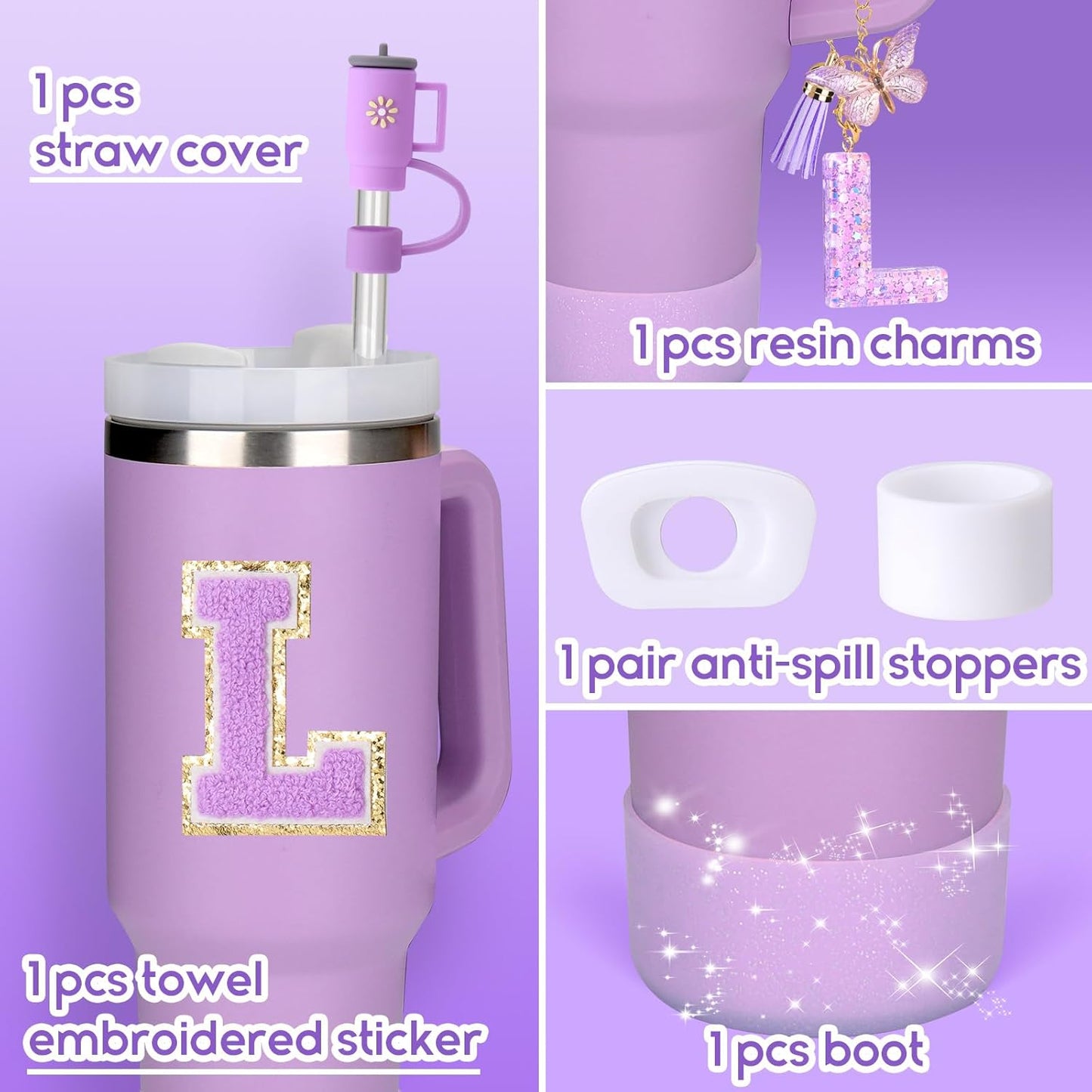 Mity rain 6PCS Cup Accessories Set for Stanley Cup 30oz 40oz tumbler with handle, Including Silicone Straw Topper Cover Cap and Boot, Spill Proof Stopper, Handle Charm, Initials Sticker (Letter L)