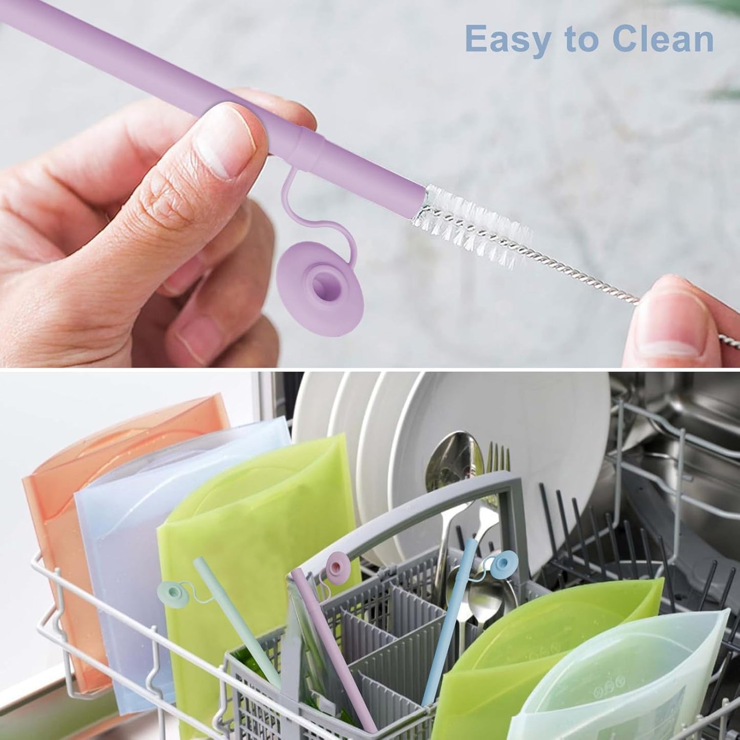 4PCS Reusable Silicone Straws with Cover, Bite-Safe, 12”Long Collapsible Drinking Straws for Stanley Owala Cups, Tumblers & Travel – Trim to Fit Any Cup (Purple,Blue,Pink,Grey)