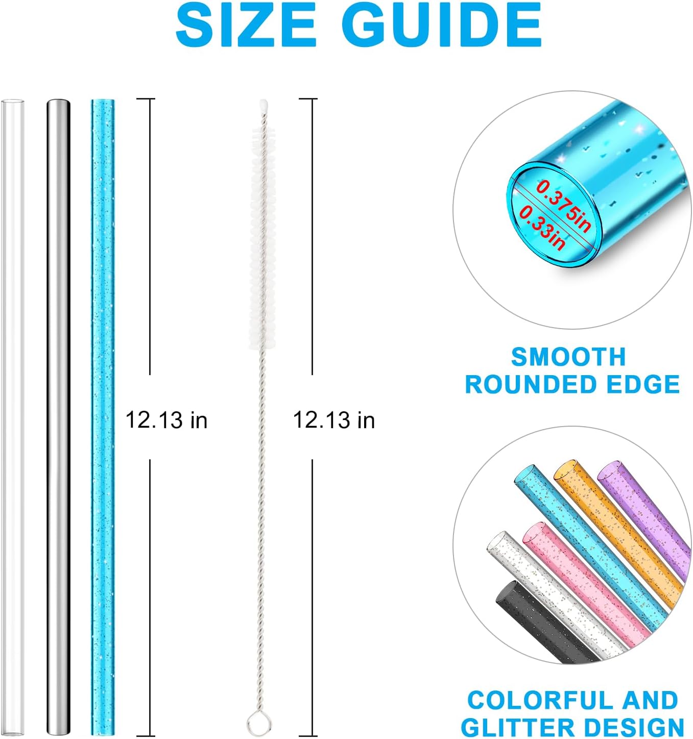 8PCS Color Replacement Straws for Stanley Owala Simple Modern, Alwenid Reusable Glitter Clear Stainless Steel Straws Accessories for Tumbler Mug Cup, BPA Free and Dishwasher Safe(7*Tritan+1*Metal)