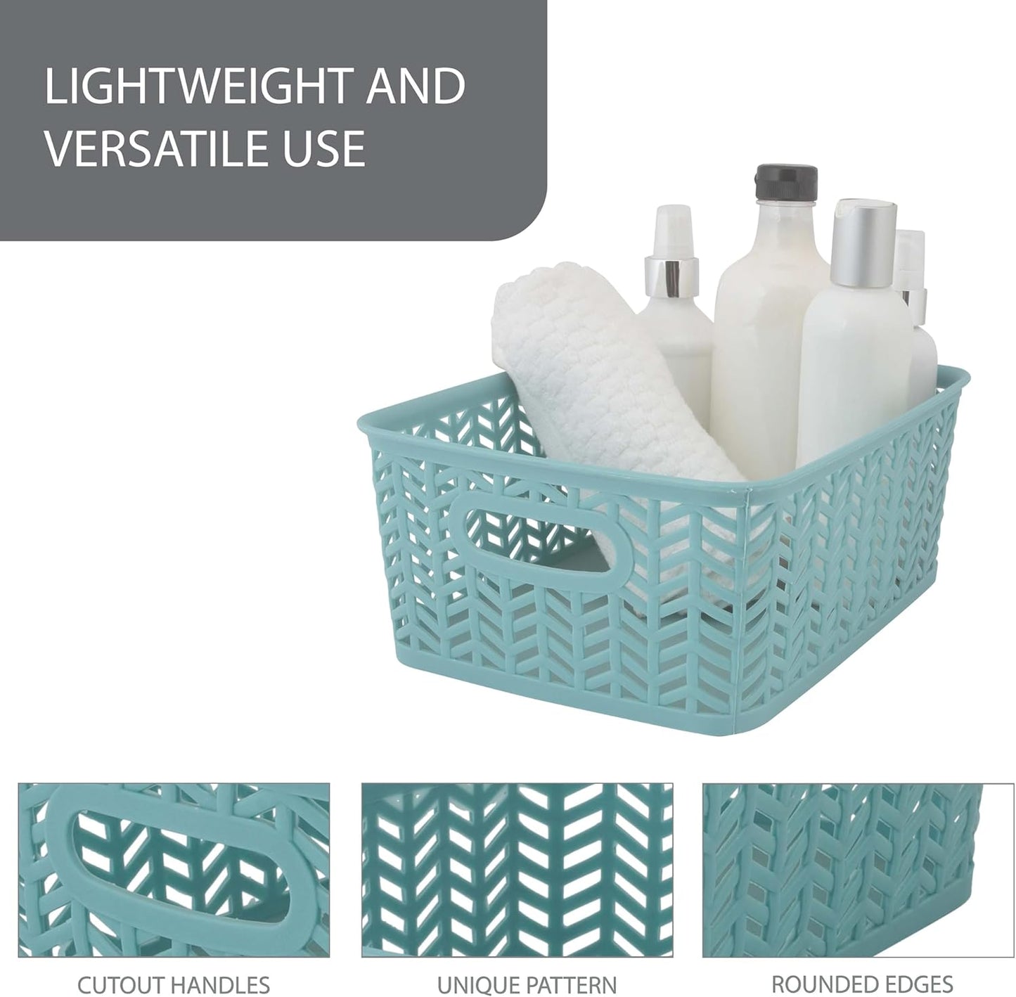 Simplify 3 Pack Small Herringbone Storage Basket, Dimensions: 10"x8"x4", Herringbone Design, Light Weight, Great for Bathroom, Kitchen, Office, Closet, 2 Open Handles, Dusty Blue