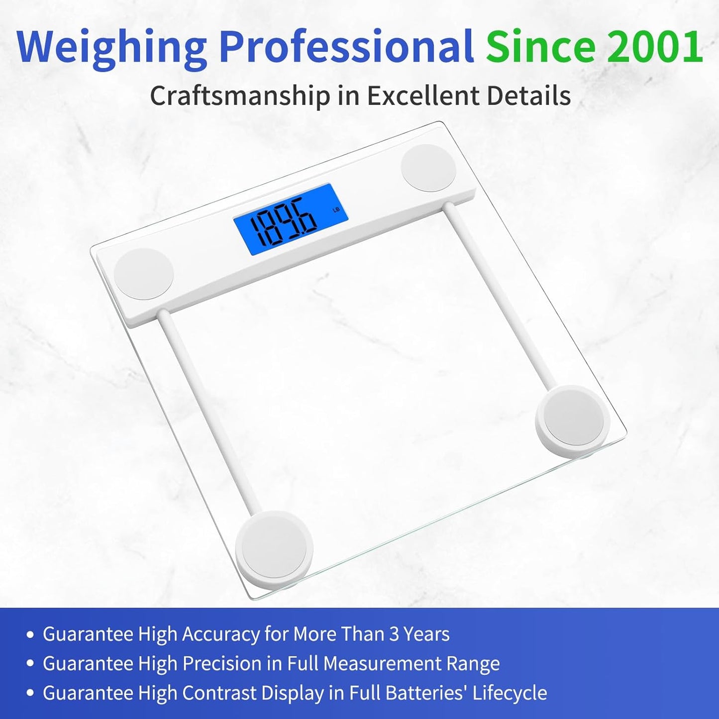 Homebuds Digital Bathroom Scale for Body Weight, High Precision Assured by Weight Scale Professional Factory SINCE 2001, Blue Backlit LCD and Step-On, 2*AAA Batteries Included, 400lb/182kg Clear Glass