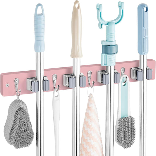 Pink Mop Broom Holder Wall Mount with 4 Slots & 4 Hooks - Wood Broom Mop Hanger for Pantry Closet Laundry Room Kitchen Organization - for Pink Kitchen Decor and Accessories
