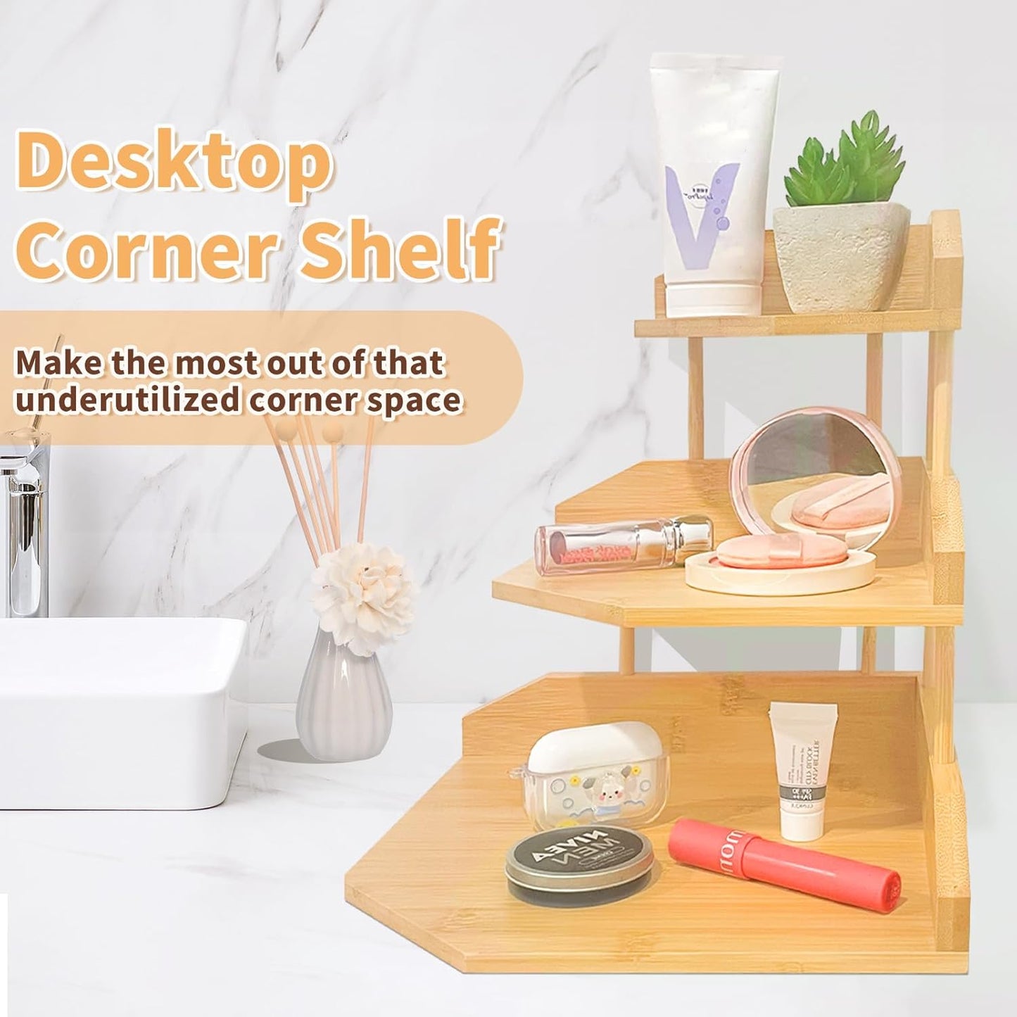 HYNAWIN Bamboo Spice Rack Corner Shelves-3 Tier Standing Pantry Shelf for Kitchen Counter Storage,Bathroom Countertop Storage Organizer-Irregular Pattern Desk Bookshelf