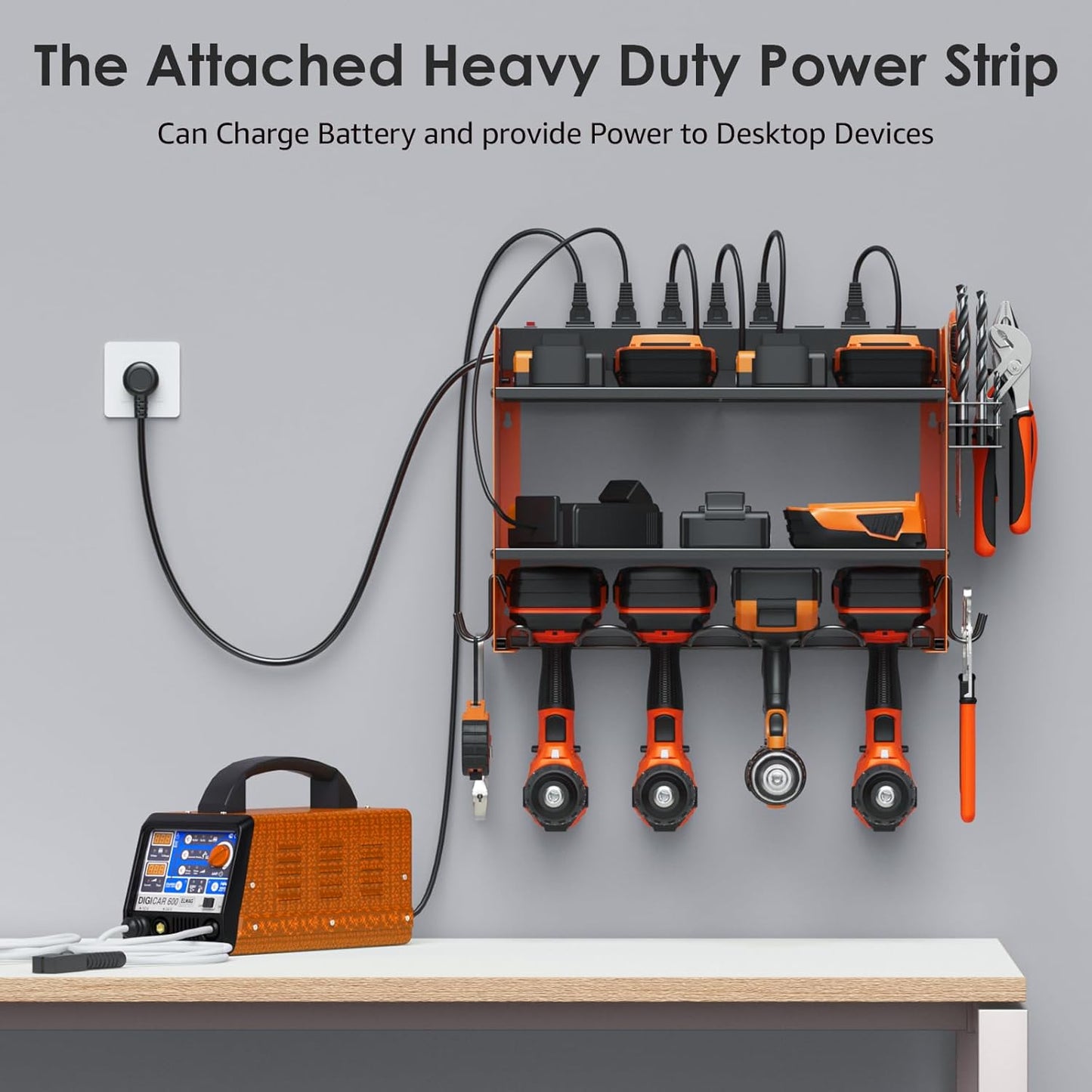 CCCEI Modular Power Tool Organizer Wall Mount with Charging Station. Garage Drill Storage Shelf with Hooks, Heavy Duty Rack, Tool Battery Holder Built in 8 Outlet. Gift for Men. Orange, 1 Pack.