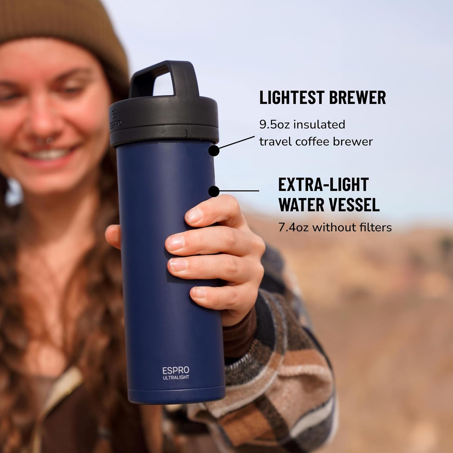 ESPRO P0 Ultralight French Press Coffee Maker for Travel, Vacuum Insulated Stainless Steel, 16 Ounces, Aegean Blue