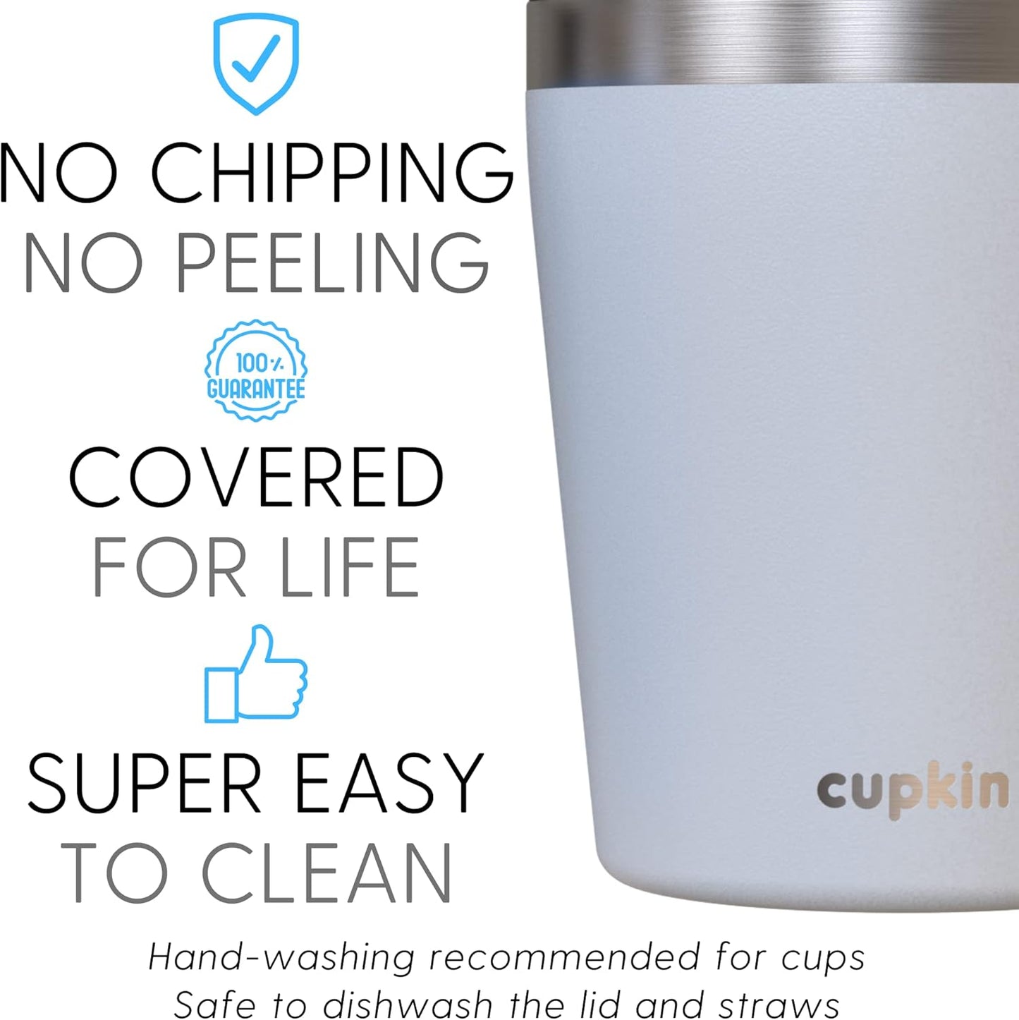 CUPKIN Kids Cup, The Original 8 oz Stackable Stainless Steel Kid Cups, Set of 2 Powder Coated Insulated Sippy Cup for 1+ Year Old Toddlers & BPA Free Lids & Reusable Silicone Straws (Blue + Gray)