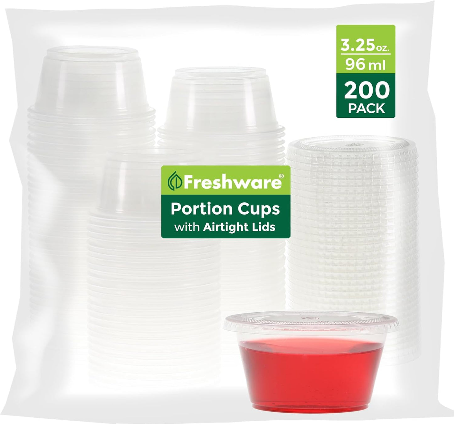 Freshware Plastic Portion Cups with Lids [3.25 Ounce, 200 Sets] Disposable Plastic Cups for Meal Prep, Salad Dressing, Jellos Shot Cups, Souffle Cups, Condiment and Dipping Sauce Cups