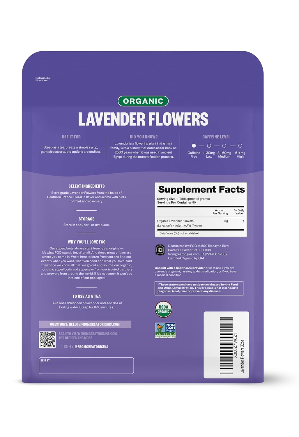 FGO Organic Dried Lavender Flowers, Extra Grade Dried Buds, Imported From France for Culinary or Sachet Bags, 16oz Bulk, Packaging May Vary (Pack of 2)