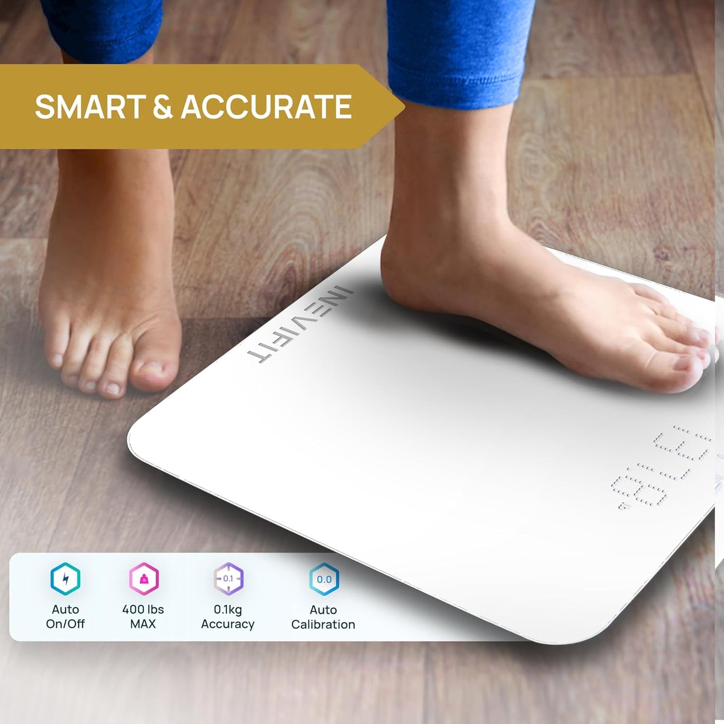 INEVIFIT Smart Bathroom Scale, Highly Accurate Bluetooth Digital Bathroom Body Weight Scale, Precisely Measures Weight & BMI for Unlimited Users (S-White)