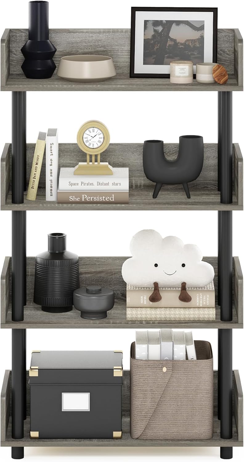 Furinno TURN-N-TUBE 4-Tier Display Shelf, Storage Shelves, Book Shelf, Open Shelves with Rounded Corner Top Edges, for Organization and Storage, Living Room, Home Office, French Oak