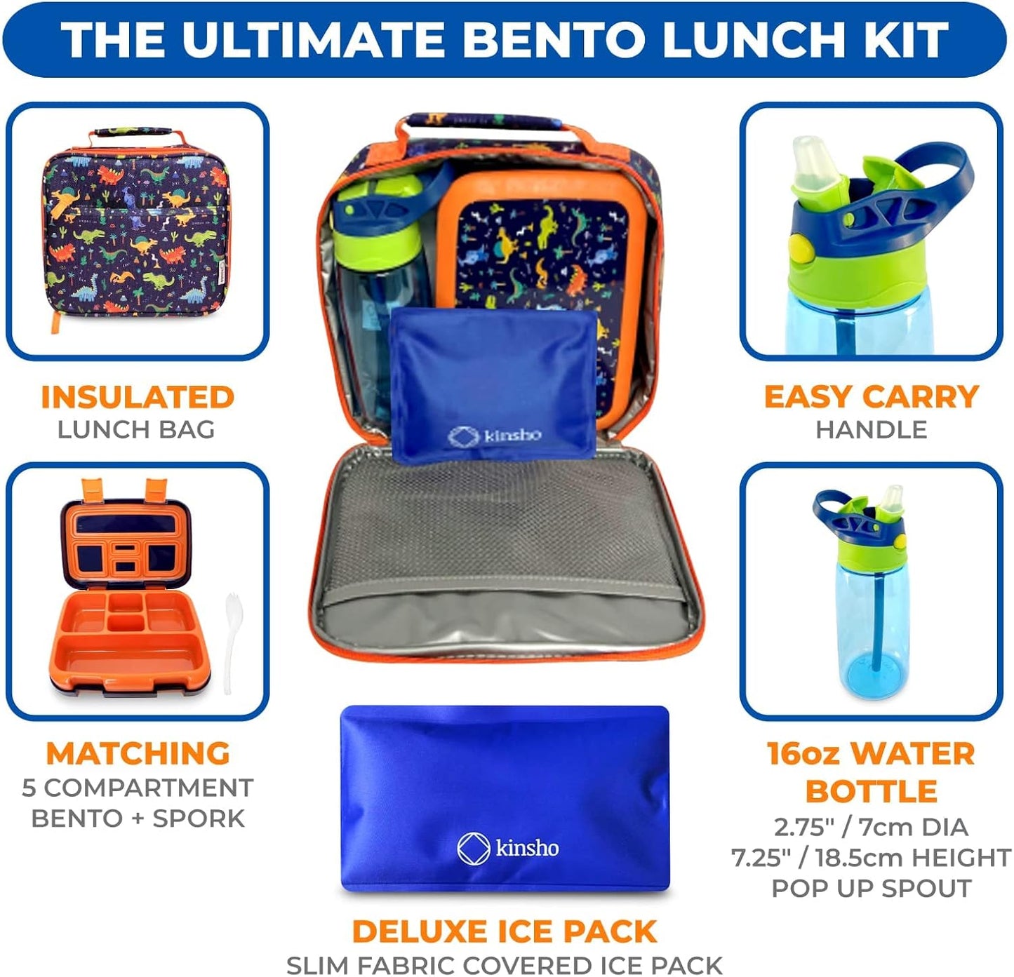 kinsho Bento Lunch Box with Insulated Bag, Water Bottle&Ice Pack Set for Kids Toddlers,5 Portion Sections, BPAFree Removable Tray, PreSchool Kid Toddler Daycare Lunches, Snack Container,Blue Dinosaur