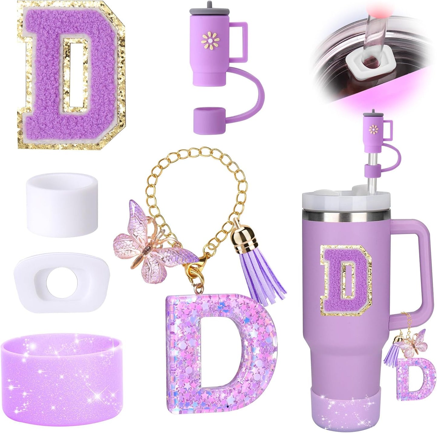 Mity rain 6PCS Cup Accessories Set for Stanley Cup 30oz 40oz tumbler with handle, Including Silicone Straw Topper Cover Cap and Boot, Spill Proof Stopper, Handle Charm, Initials Sticker (Letter D)