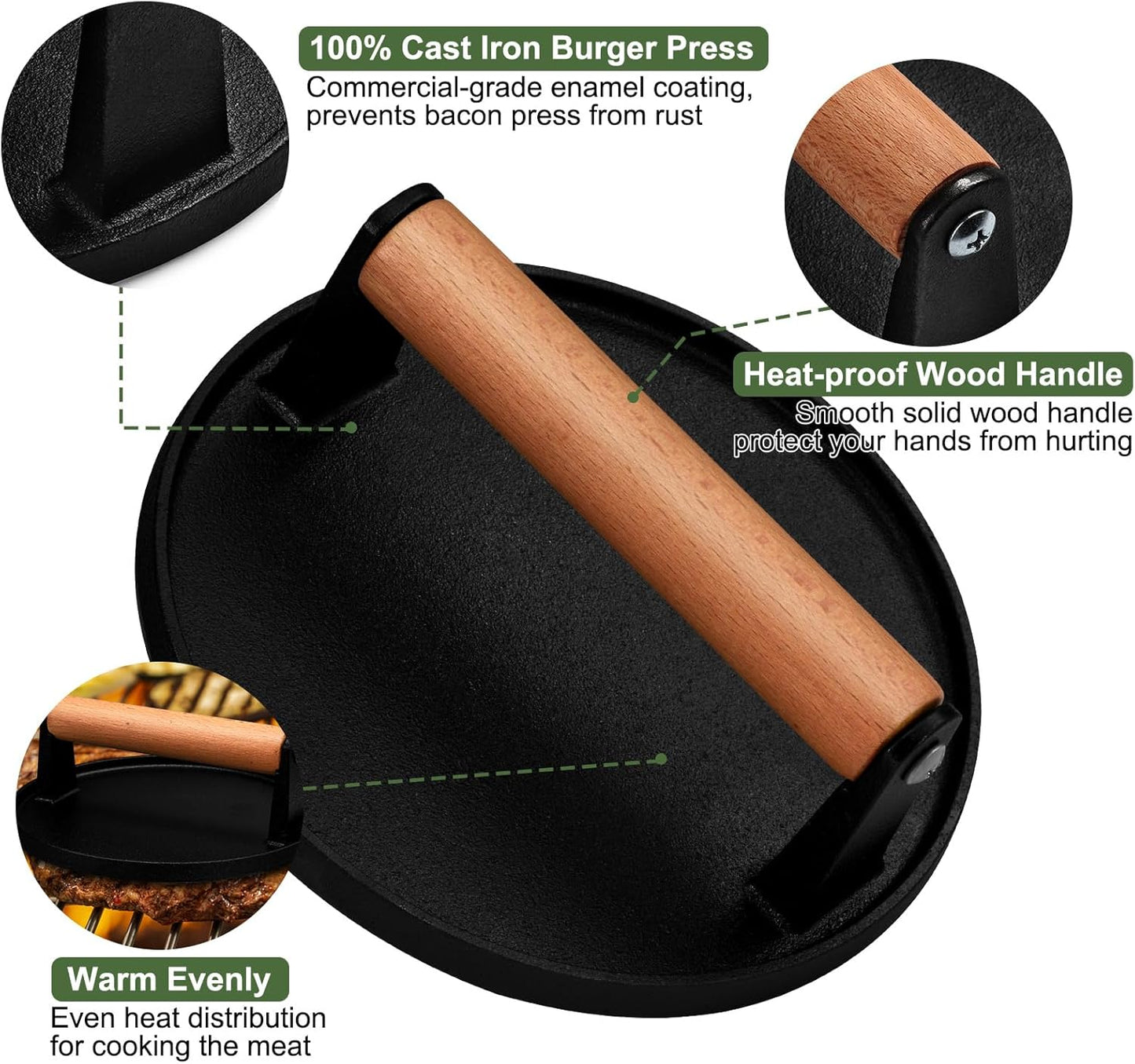 EWFEN Cast Iron Smash Bacon Press Meat Steak with Wood Handle, Burger Press(Round with Flat Bottom)