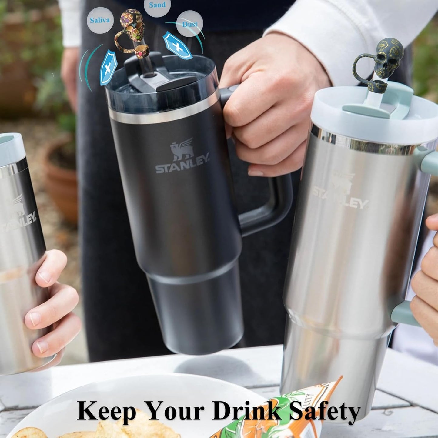 Skull Straw Cover Caps for Halloween Stanley Cup - 3 Pcs Silicone Straw Toppers Cool 10mm Straws Accessories Day of the Dead Gift for Boys