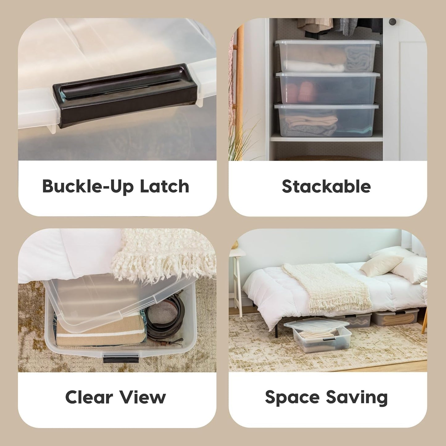 IRIS USA 33 Qt Plastic Under Bed Storage Organizer Bin Container with Secure Lids and Durable Black Buckles, Multi-Purpose for Clothes, Shoes, Clothing, and Bedding, Short, Clear, 3 Pack