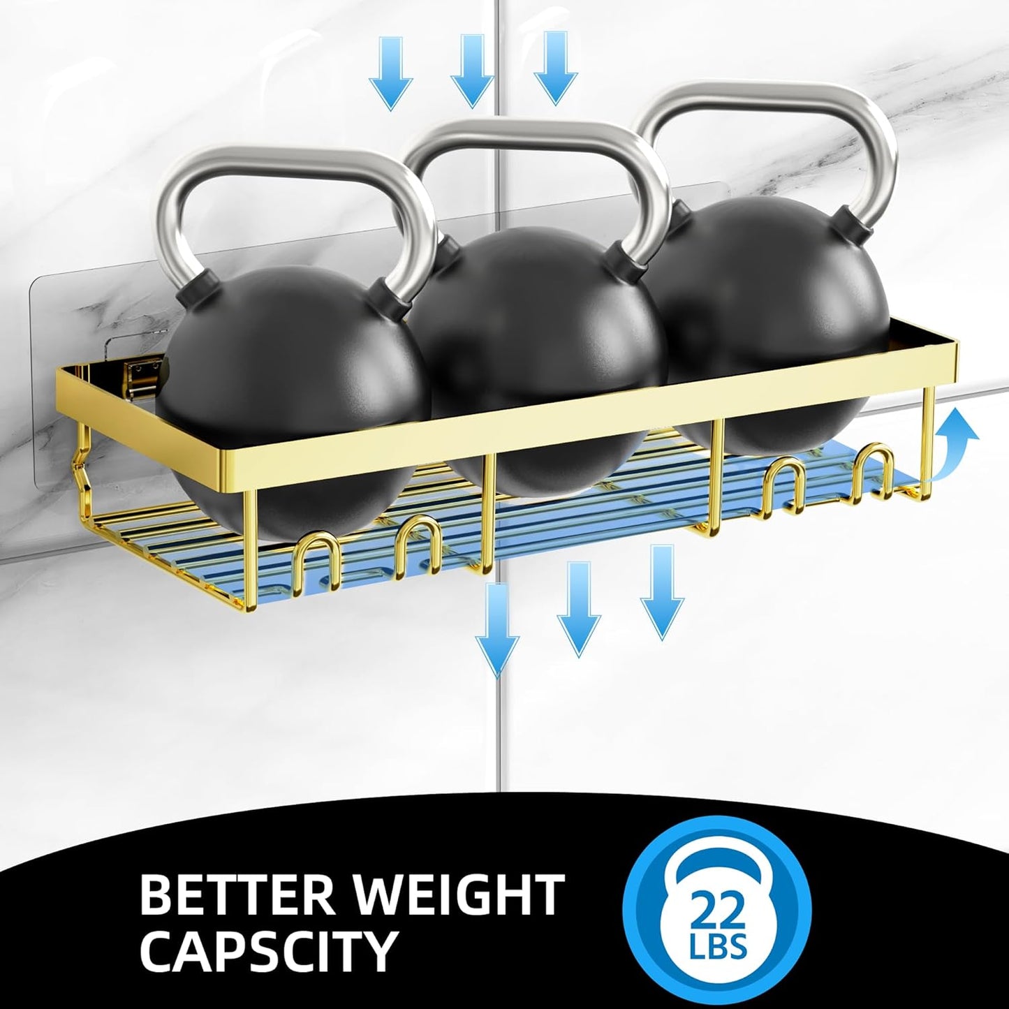 Moforoco 3-Pack Shower Caddy Basket Shelf with Soap Holder, No Drilling Traceless Adhesive Shower Wall Shelves, Rustproof Gold Bathroom Shower Storage Organizer